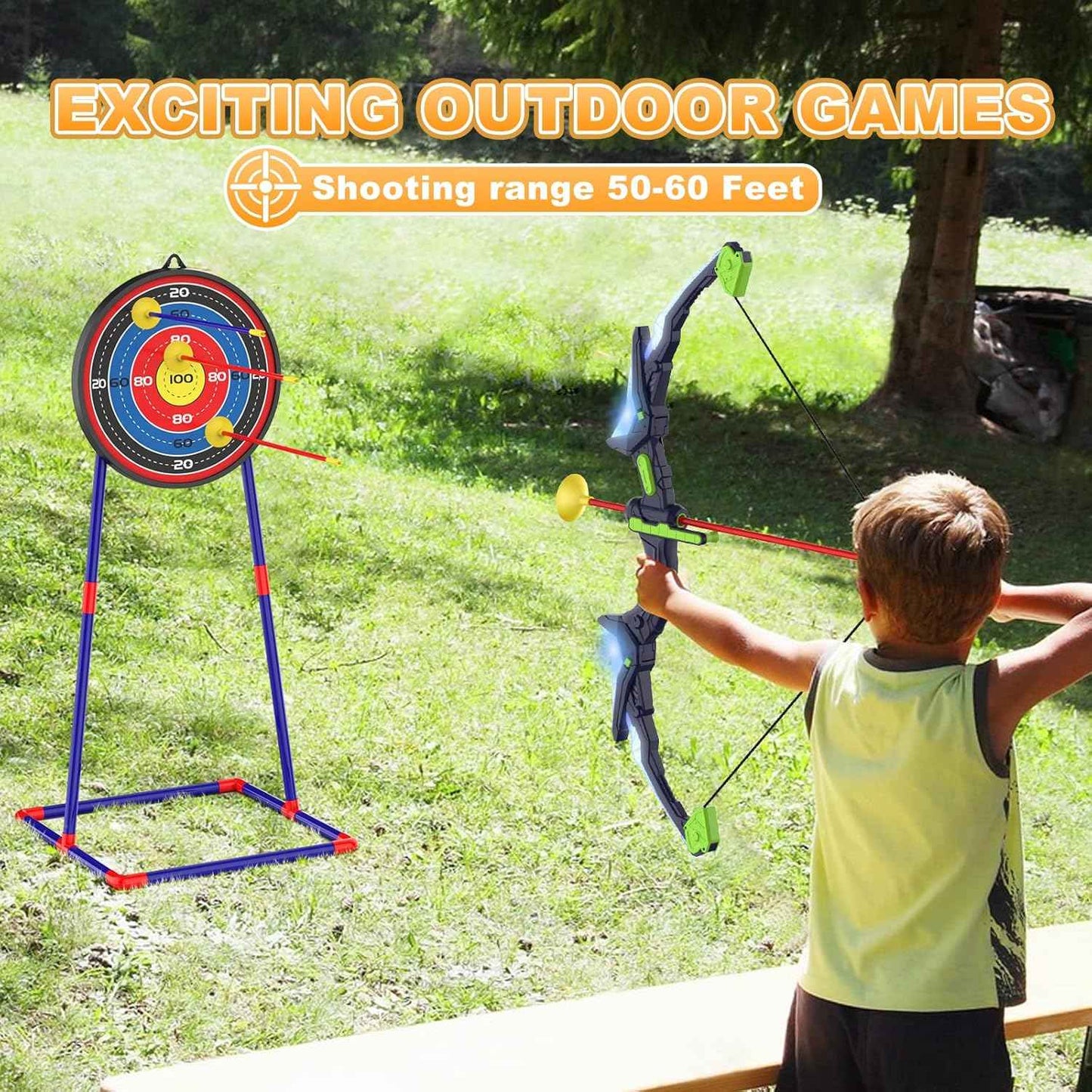 Kmuxilal 2 Pack Kids Bow and Arrow Set with LED Flash Lights, 14 Suction Cup Arrows and Fluorescence Standing Target-Perfect Indoor and Outdoor Game Archery Set Toy Gift for 4 5 6 7 8-12 Year Old Boys