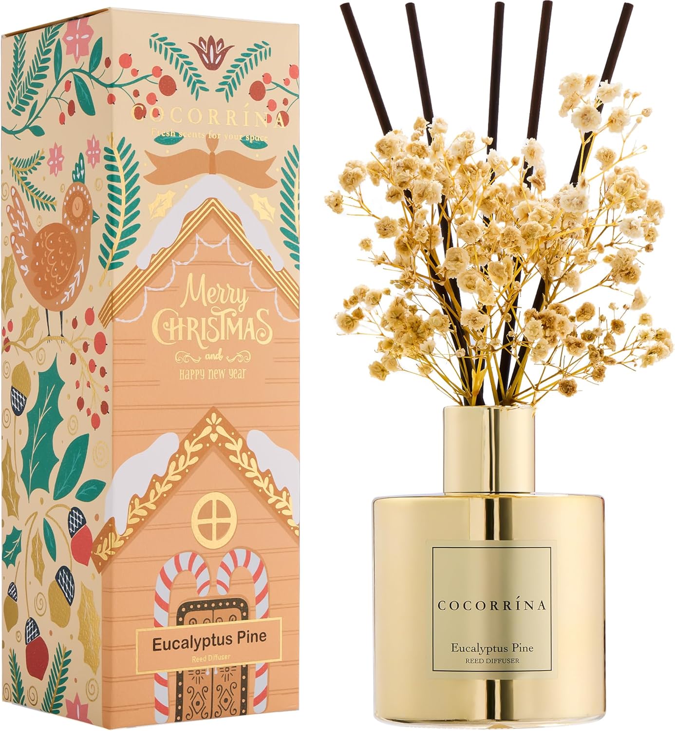 Cocorrína Premium Reed Diffuser Set with Preserved Baby's Breath & Cotton Stick Cashmere Vanilla | 6.7 fl oz Scent Fragrance Oil Diffuser for Bedroom Bathroom Home Décor