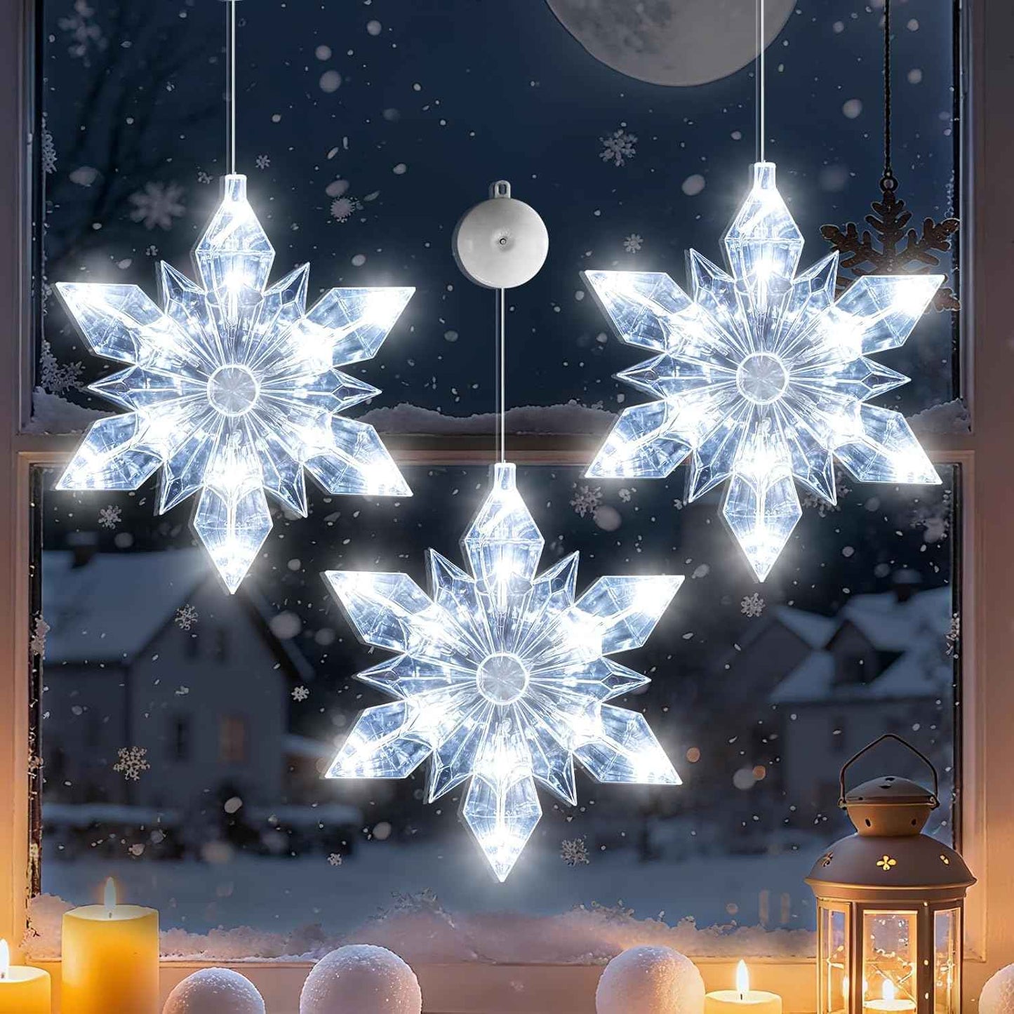 3Pcs Christmas Window Lights Decorations with Timer,Battery Powered Christmas Window Hanging White Lighted Lucky Star Shaped LED Sucker Lamp for Xmas Tree Fireplace Window Indoor Outdoor Decor
