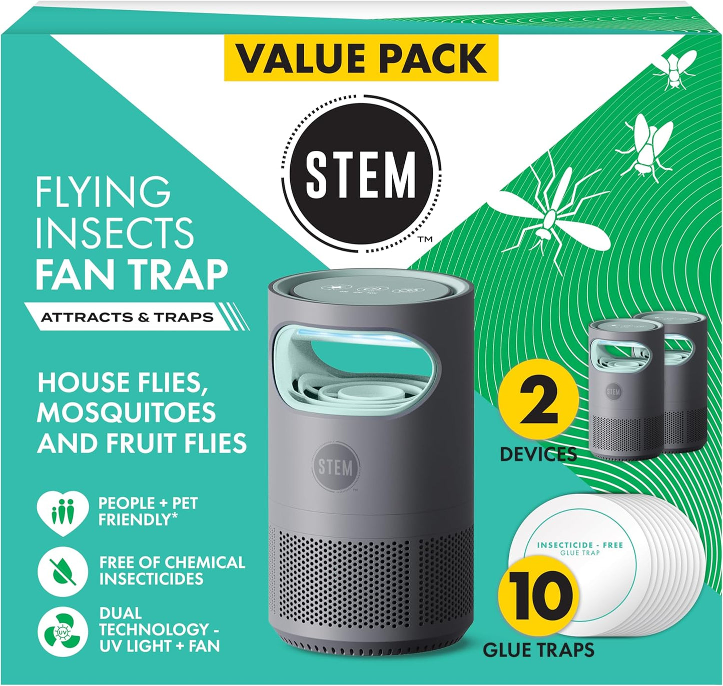 STEM Flying Insect Fan Trap for Indoor Bug Control, Attracts Mosquitoes, Fruit Flies, and House Flies, Plug-in Fan with UV Light, Starter Kit Includes 1 Device and 5 Glue Traps