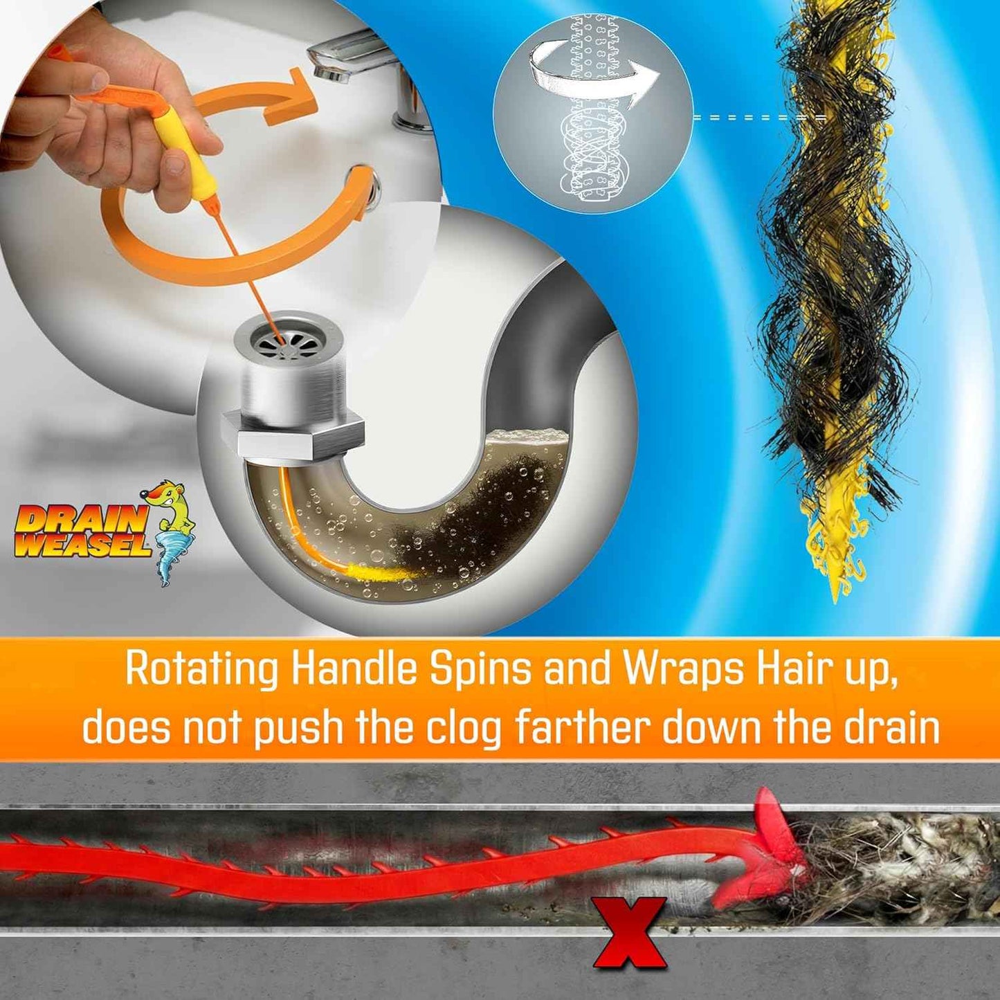 FlexiSnake Drain Weasel Sink Snake Hair Clog Remover Tool, Pipe, Bathroom, Bathtub Cleaner, 18-inch, Made in the USA, 5 Wands and Removable Handle