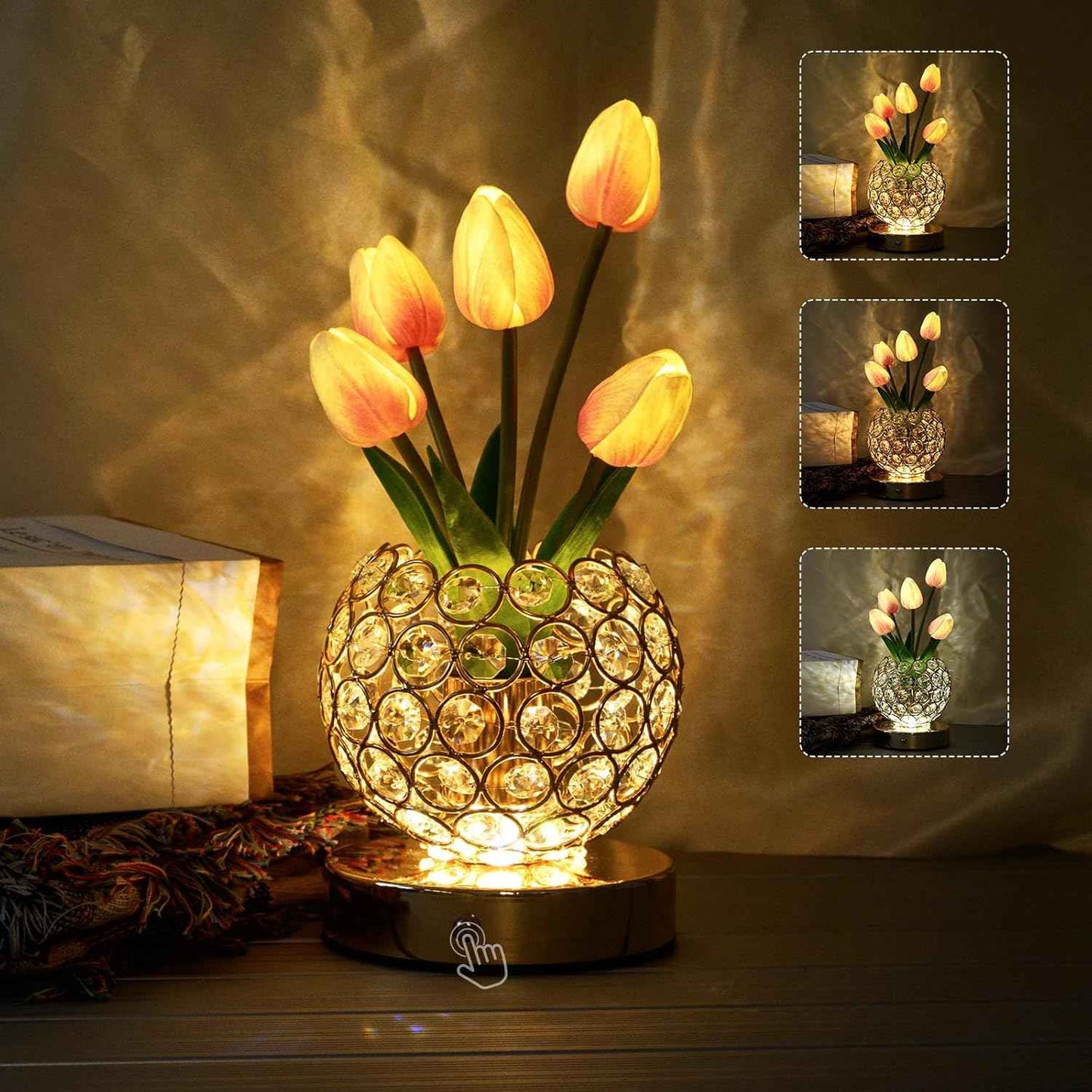 Tulip Crystal Flower Lamp Touch Lamp,Rechargeable Cordless Table Lamp, 3-Colour Infinitely Dimming Battery Powered Small Night Light,Gift for Mom for Valentine Day,Mothers Day,Xmas,Birthday (Pink)