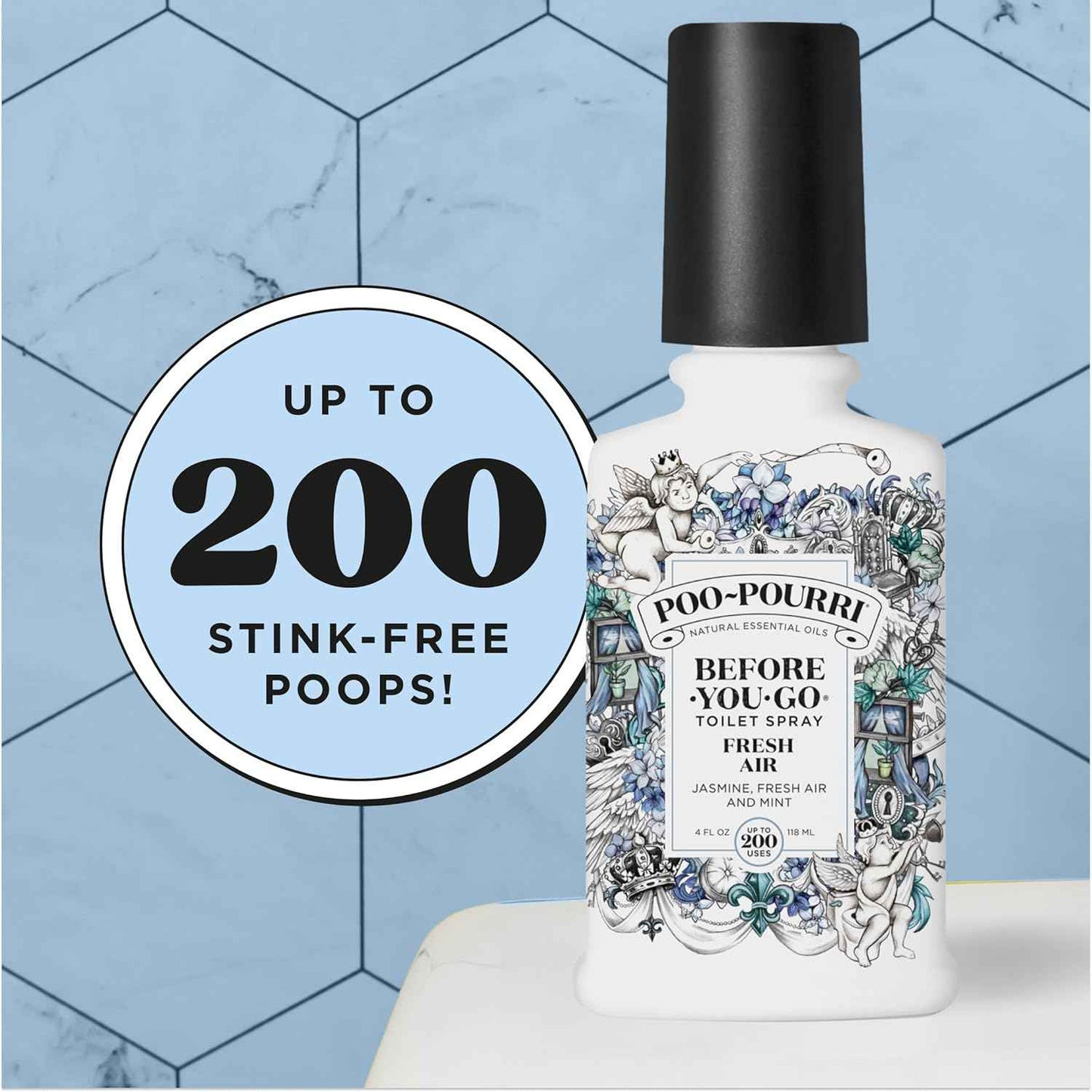 Poo-Pourri Before-You-Go Toilet Spray, Fresh Air, 4 Fl Oz, Up to 200 Uses, Bathroom Odor Deodorizer , Plant-Based with Essential Oils, for Home or Work, Jasmine, Fresh Air and Mint Scent
