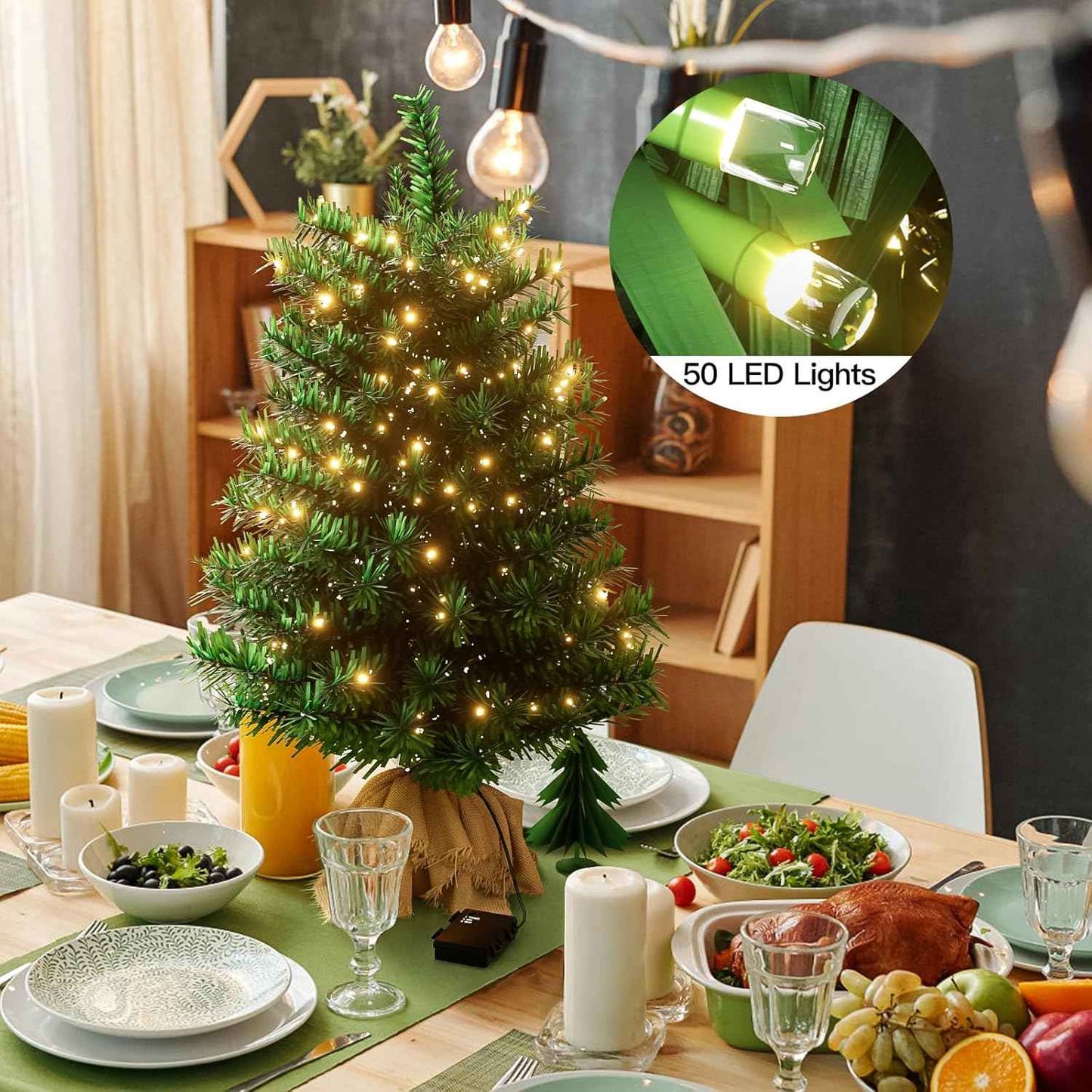 Pre-lit Mini Christmas Tree, 2ft Christmas Tree with 50 Led Warm Lights, Artificial Christmas Tree with 72 Branch Tips, Battery Operated Small Xmas Tree for Table Desk Best Holiday Home Decorations