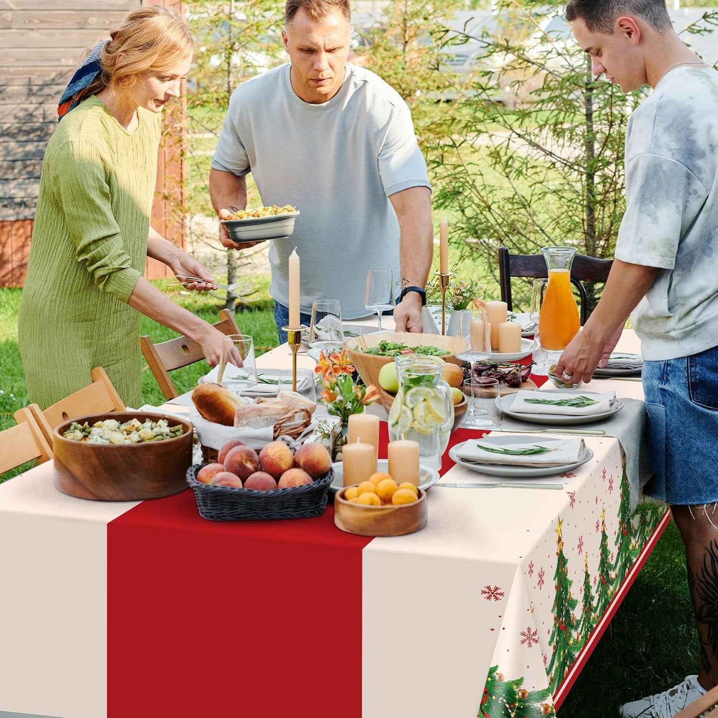 Childom 2 Pack Christmas Tablecloths,Christmas Party Decoration,54 x 108 Inch,Disposable Plastic Table Cloths Rectangular for Party Supplies,Xmas Tree Table Cover for Home,Dinner,Indoor,Outdoor,Picnic