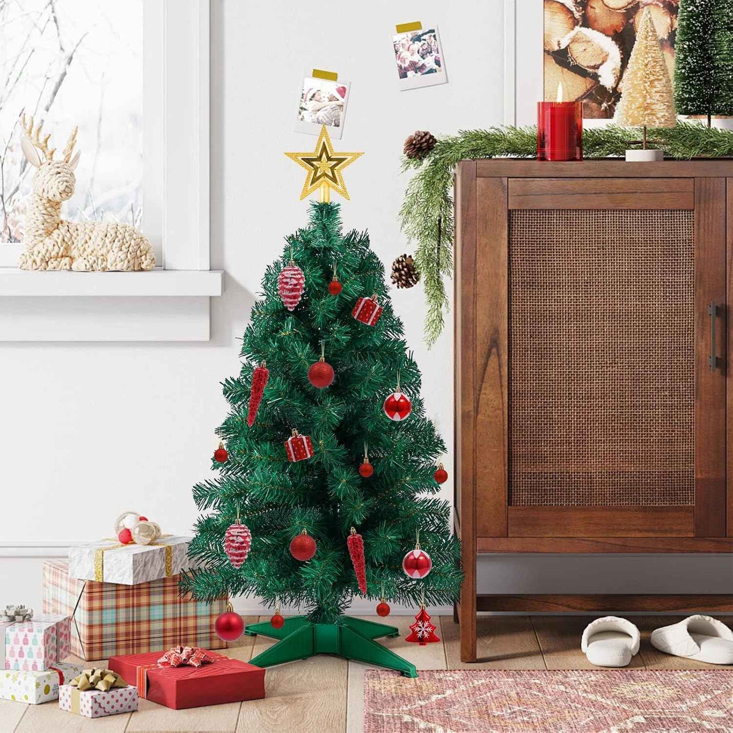 3ft Artificial Christmas Tree with Gold Tree Topper Star, Mini Xmas Pine Tree with 4-Leg Stable Plastic Base, Small Tabletop Christmas Decoration for Home Office Holiday Party Indoor Use