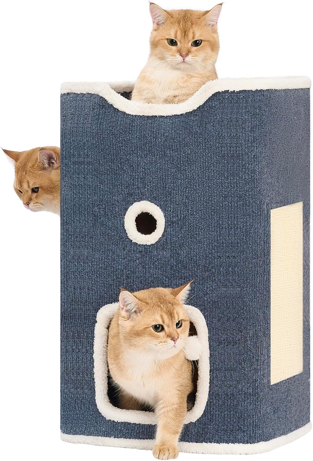 Cat House, Cat Beds for Indoor Cats, 2-Story Cat Condo Cube with Scratch Pad and Fluffy Ball Hanging, Multi-Level Cozy Hideout Ideal for Multiple Cats