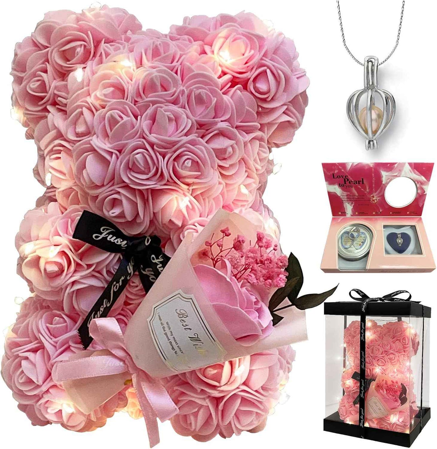 Romantic Valentine's Day Gift For Her Artificial Flower Rose Teddy Bear With Preserved Flowers Bouquet And Blind Box Pearl Necklace Birthday Gift For Wife Girlfriend Mom Women Mothers Day Home Decor