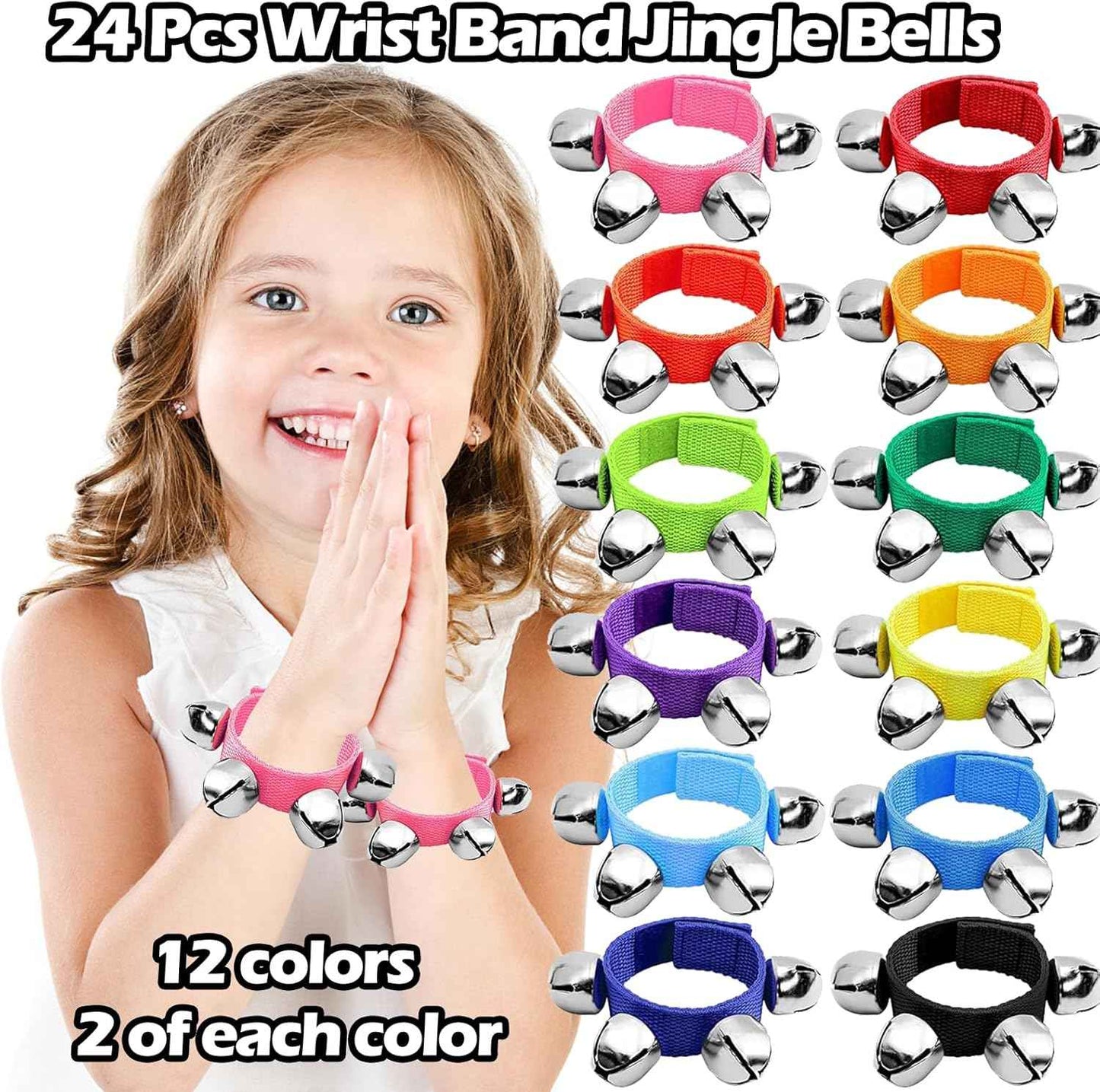 24 Pcs Wrist Band Jingle Bells,12 Colors Band Wrist Bells Ankle Bells,Adjustable Musical Hand Bells Jingle Bell Bracelets for Kids,Rhythm Instrument Percussion Christmas Party Favors