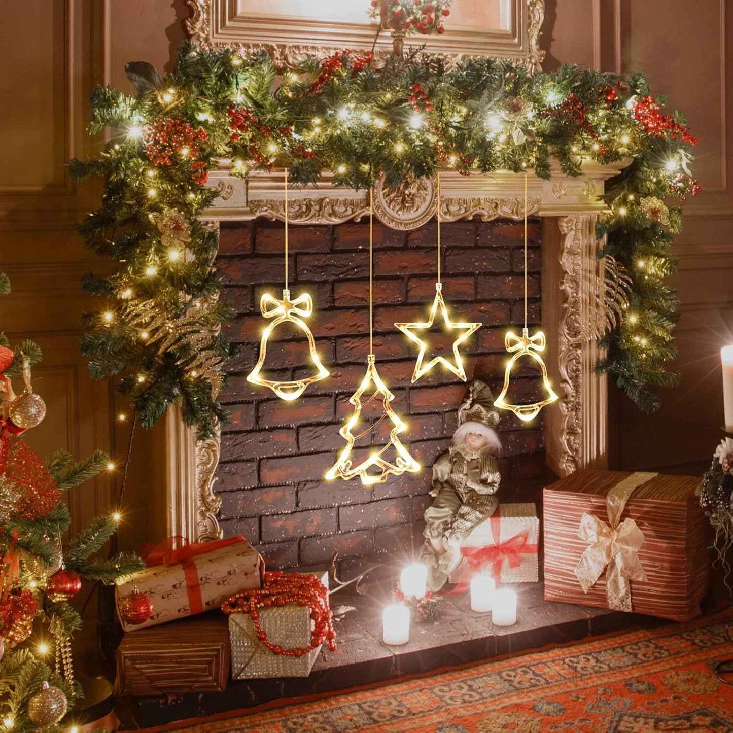 3Pack Christmas Window Lights Decorations with Timer, Battery Powered Hanging Warm White Lighted Tree Bell Star Shaped LED Sucker for Xmas Tree Fireplace Indoor Decor