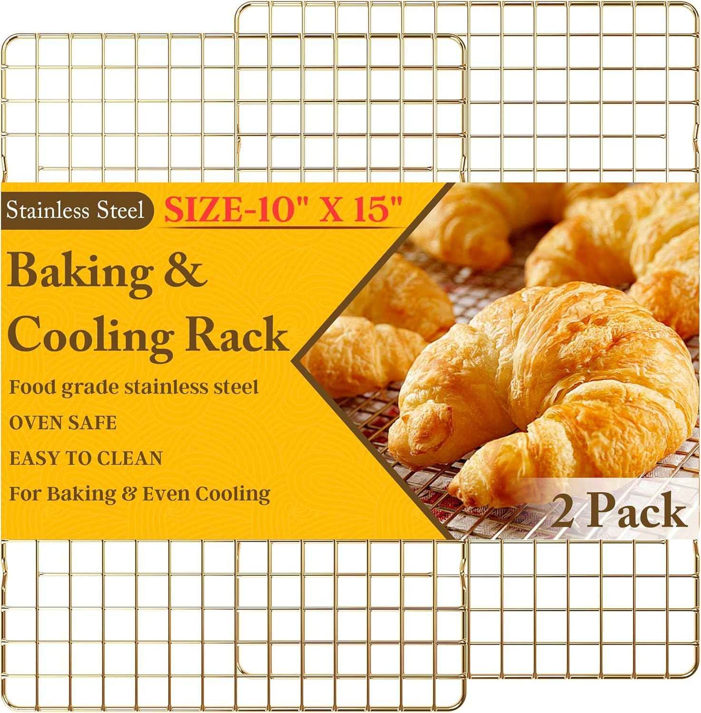 2PCS Cooling Racks for Cooking and Baking - 10" x 15"Heavy Duty Stainless Steel Wire Rack for Baking, Grilling, Roasting - Oven & Dishwasher Safe - Fits Jelly Roll Sheet Pan-Silver