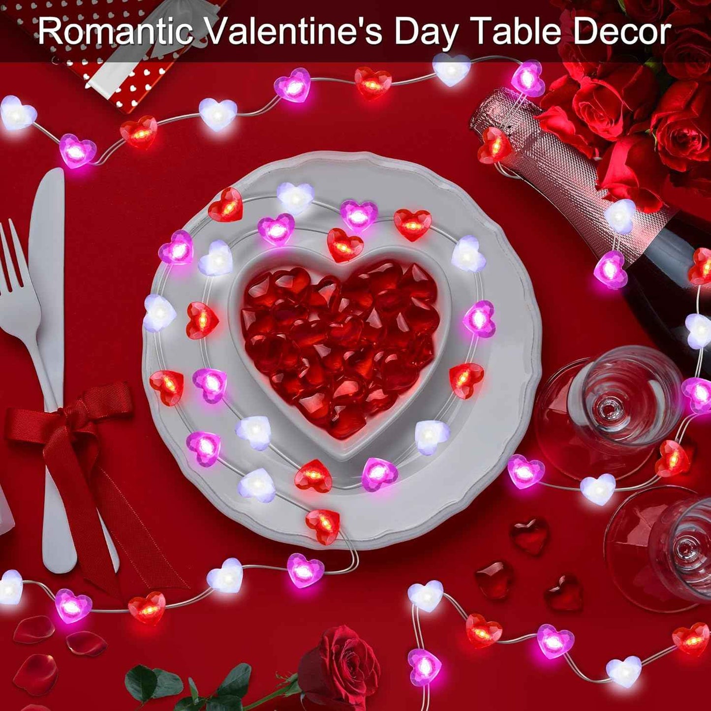 Valentines Decor 10FT 30 LED Valentine's Lights with Timer, Red Pink White Heart Lights String Battery Operated, 8 Modes Valentines Decorations Heart Fairy Lights Romantic Decor Home Bedroom