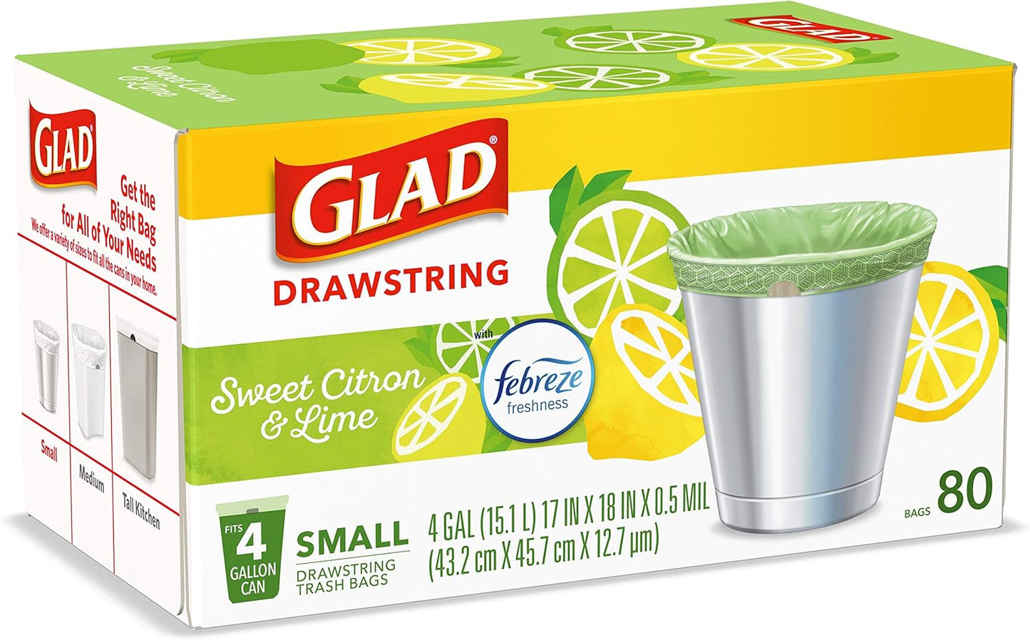 Glad Small Trash Bags 4 Gallon, Febreze Sweet Citron & Lime Garbage Bags, Odor Resistant with Drawstring, 80 Count - Rayz Mart