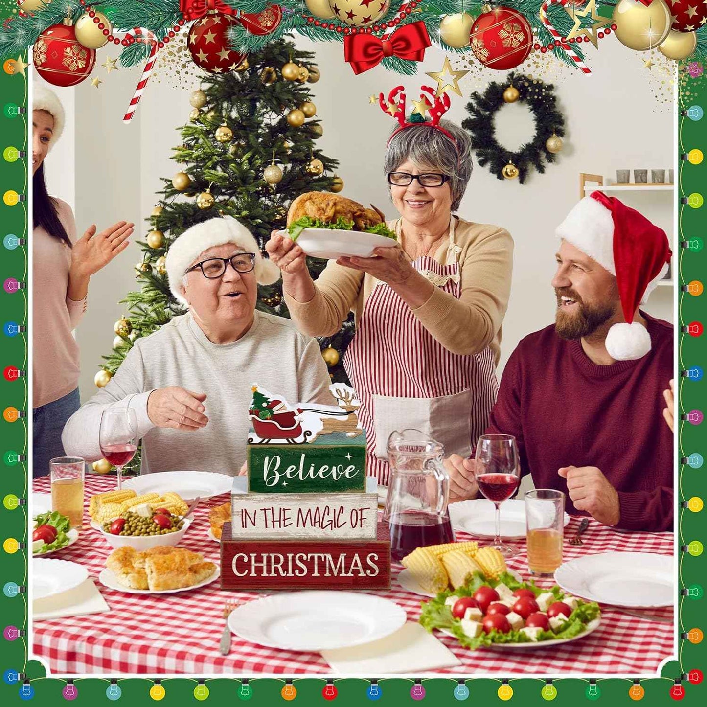 4 Pcs Christmas Table Decoration Wooden Santa Claus Decor Christmas Tiered Tray Decor Decorative Santa Claus Elk Block Sign Gift Farmhouse Xmas Table Centerpiece for Home Kitchen Shelf