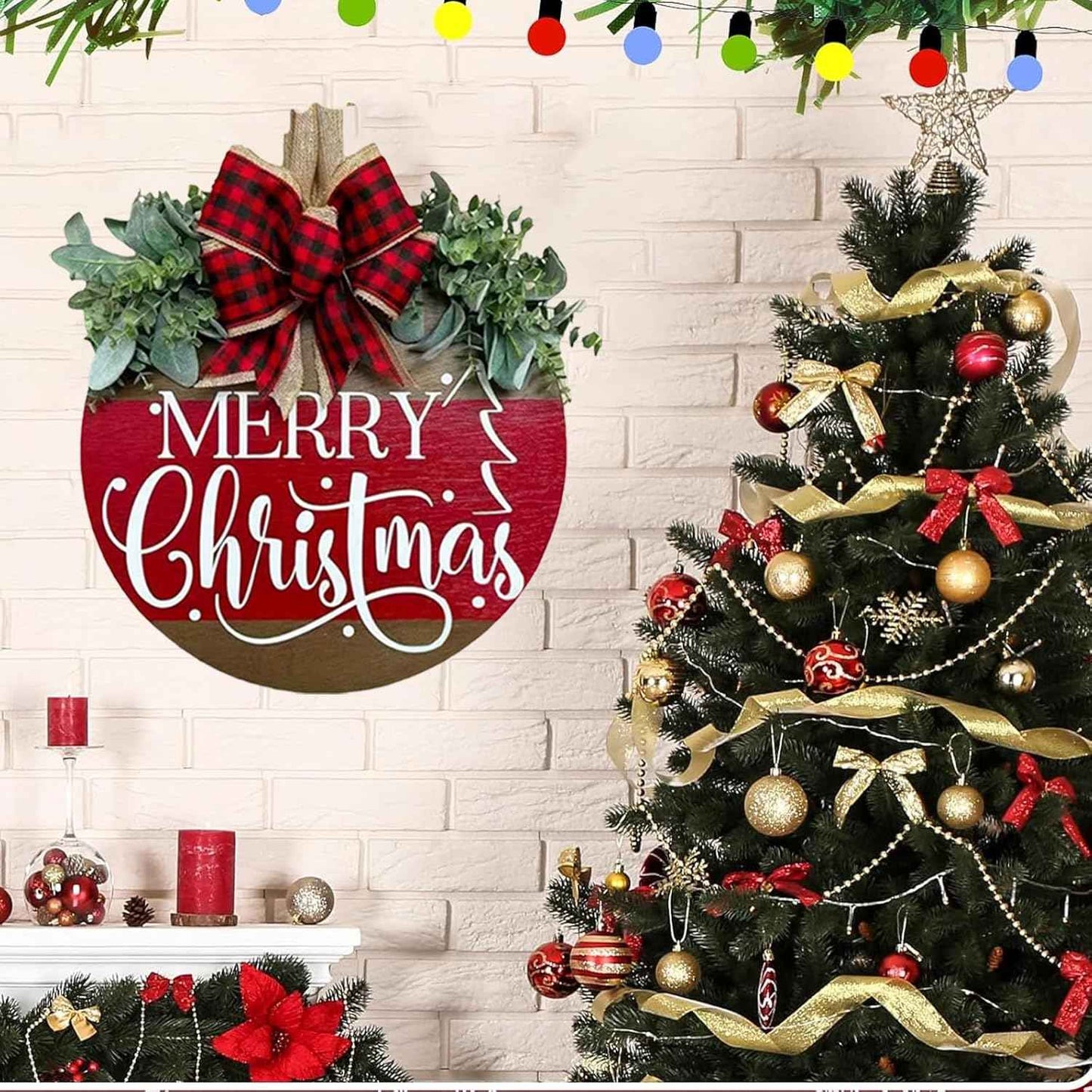 Merry Christmas Wreath Hanging Sign for Front Door, Wooden Welcome Wreaths Sign with Bow for Holiday Rustic Farmhouse Outdoor Wall Window Decor (Merry Christmas)