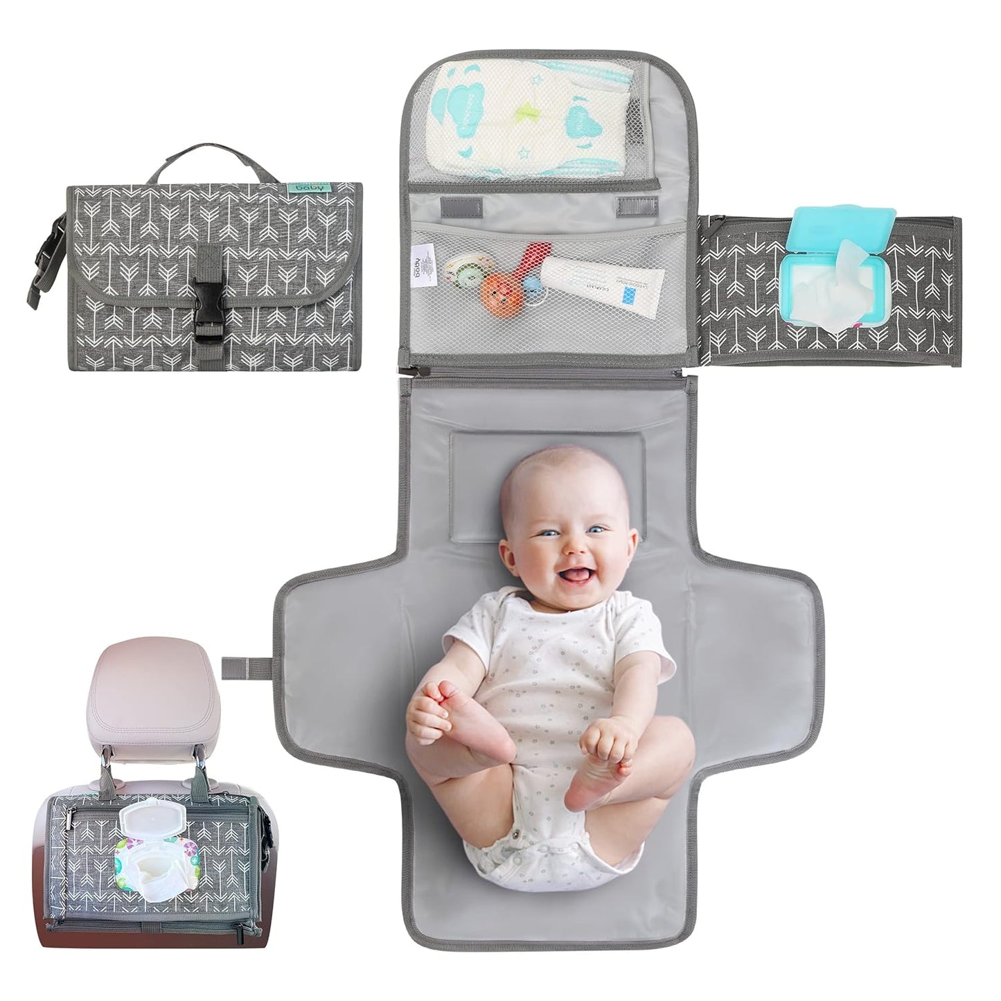 Kopi Baby Portable Diaper Changing Pad - Baby Diaper Changer Travel Bag with Wipes Pocket, Smart Design Portable Changing Mat, Infant Travel Station Kit, Gift for Newborn Girl & Boy - Grey, Classic