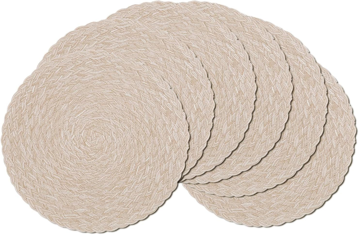 SHACOS 15 inch Round Braided Placemats Set of 6 Non Slip Heat Resistant Cotton Polyester Table Mats Washable Place Mats for Kitchen Dining Party Table Decor (Beige, 6)