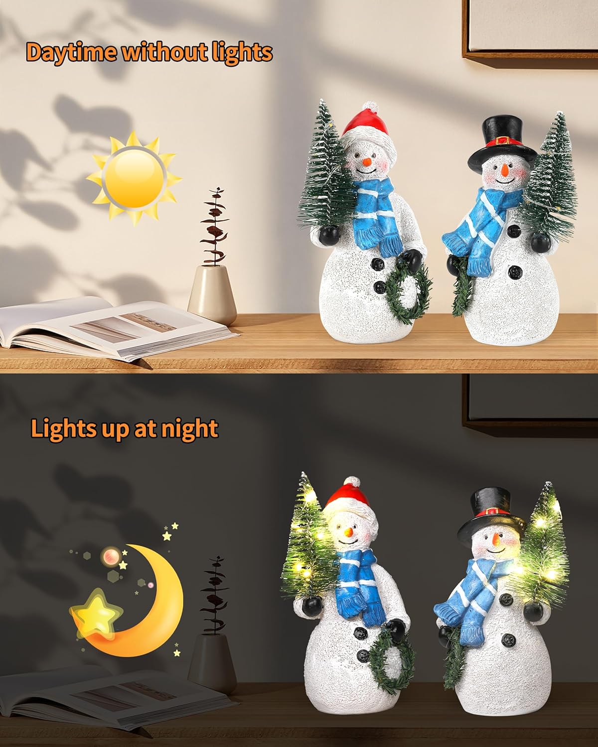 iStatue Resin Snowmen Figurines with Lighted Christmas Tree and Wreath 5'' - Set of 2 Battery Operated - Holiday Decorations Home Decor (Snowman)