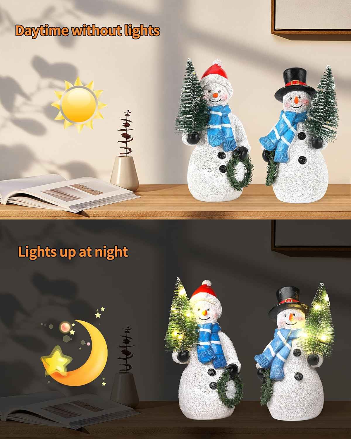 iStatue Resin Snowmen Figurines with Lighted Christmas Tree and Wreath 5'' - Set of 2 Battery Operated - Holiday Decorations Home Decor (Snowman)