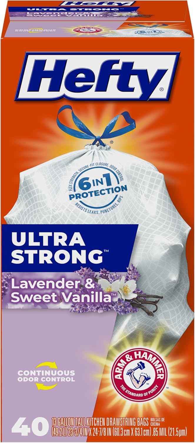 Hefty Ultra Strong Tall Kitchen Trash Bags, Lavender & Sweet Vanilla Scent, 13 Gallon, 80 Count