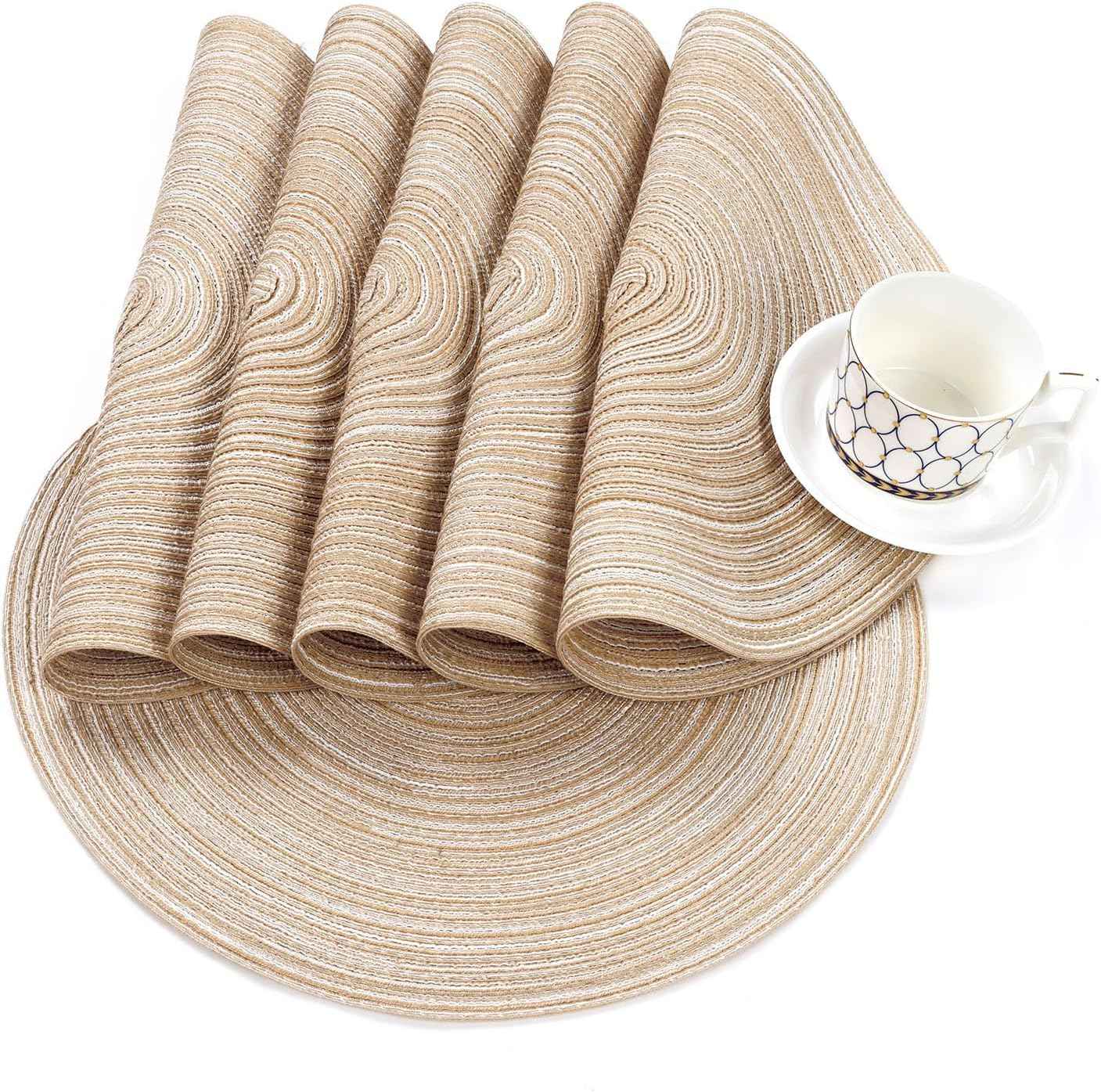 SHACOS 15 inch Round Braided Placemats Set of 6 Non Slip Heat Resistant Cotton Polyester Table Mats Washable Place Mats for Kitchen Dining Party Table Decor (Beige, 6)