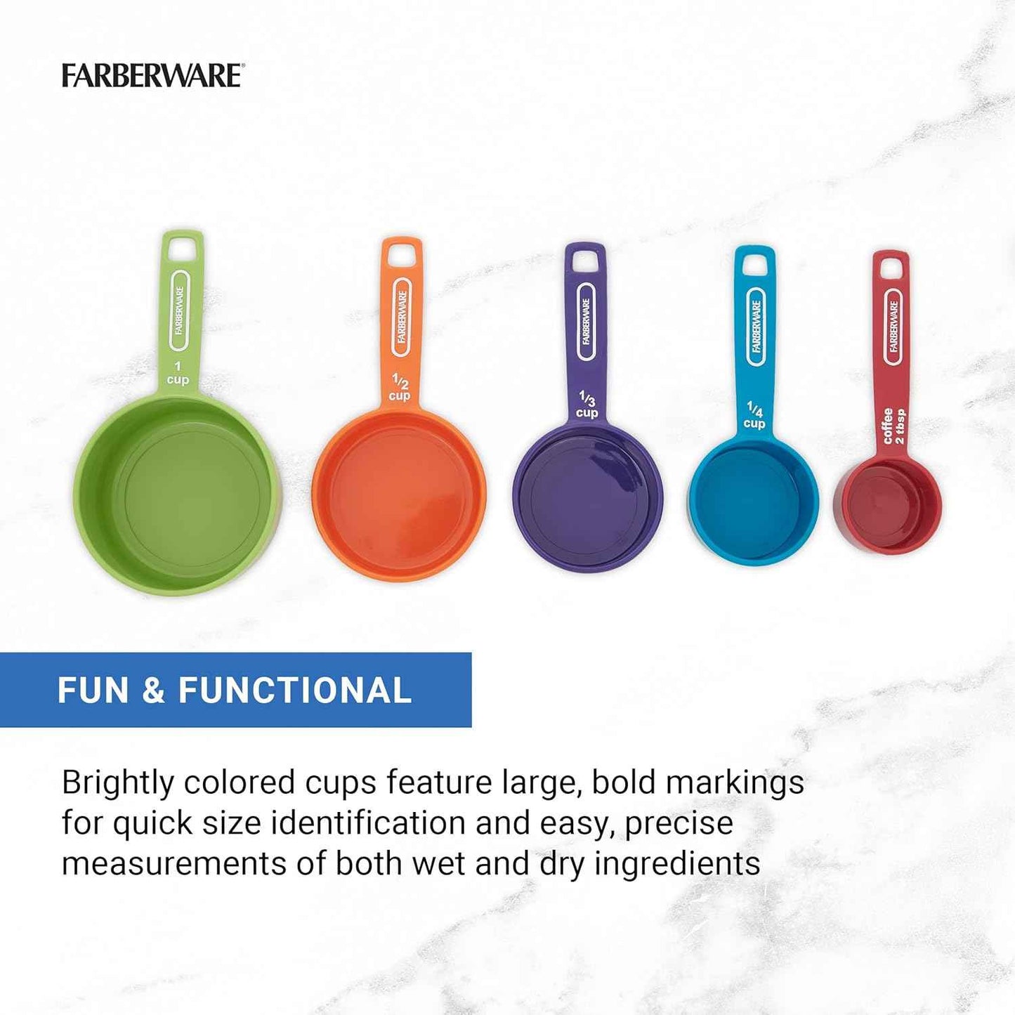 FARBERWARE 5-Piece Measuring Cup Set with Coffee Scoop, Durable Plastic Nesting Measuring Cups with Easy-Read Markings, BPA-Free, Dishwasher Safe