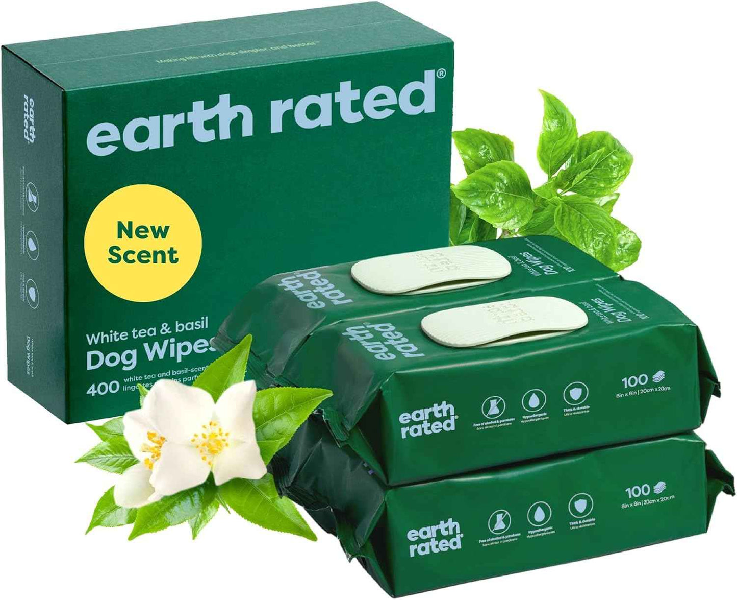 Earth Rated Pet Wipes for Dogs and Cats, Hypoallergenic, Cleaning and Hydrating, for Grooming Paws, Body and Butt, Unscented, 100 Count