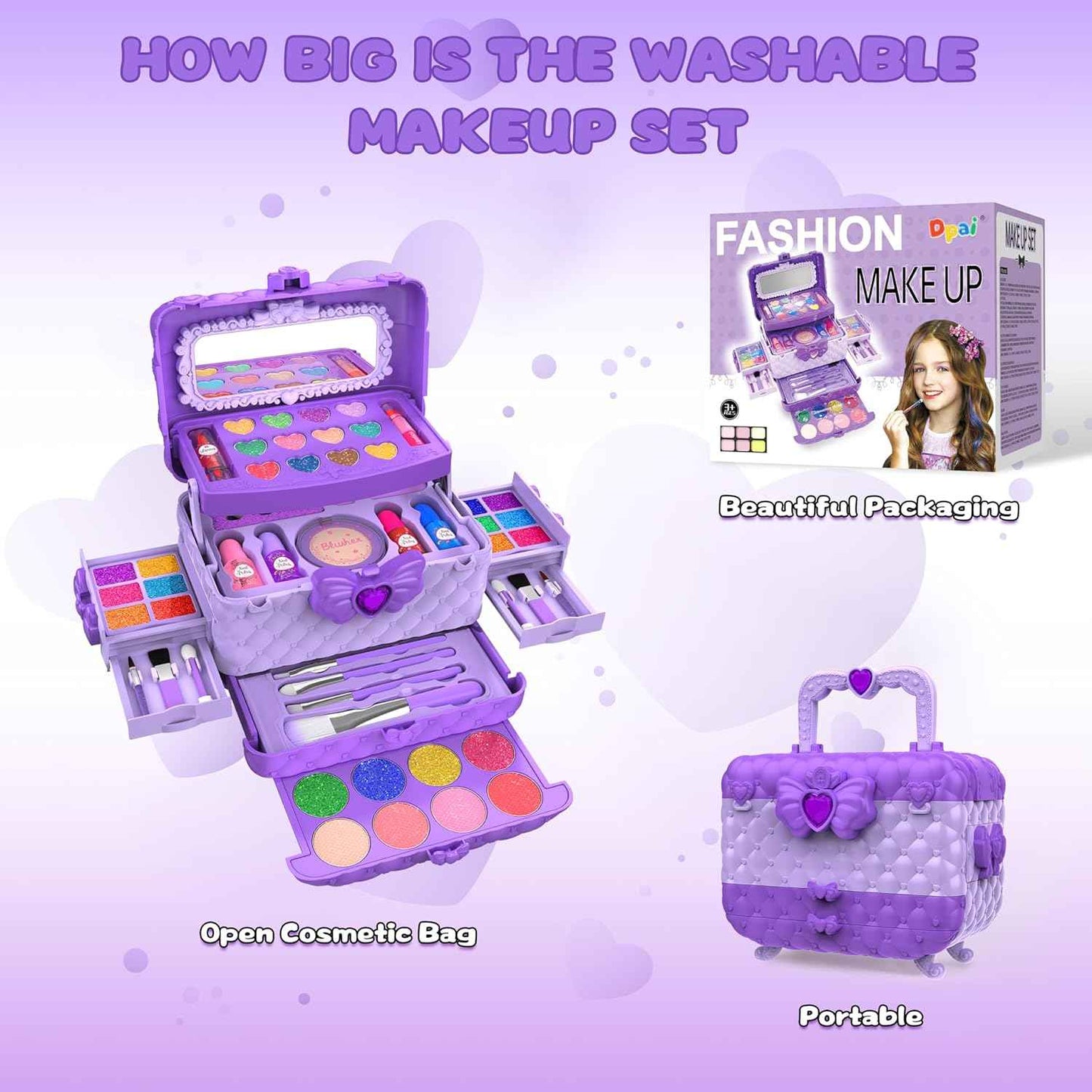 54 Pcs Kids Makeup Kit for Girls, Princess Real Washable Pretend Play Cosmetic Set Toys with Mirror, Birthday Gifts for 3 4 5 6 7 8 9 10 Years Old Girls Kids (Purple)