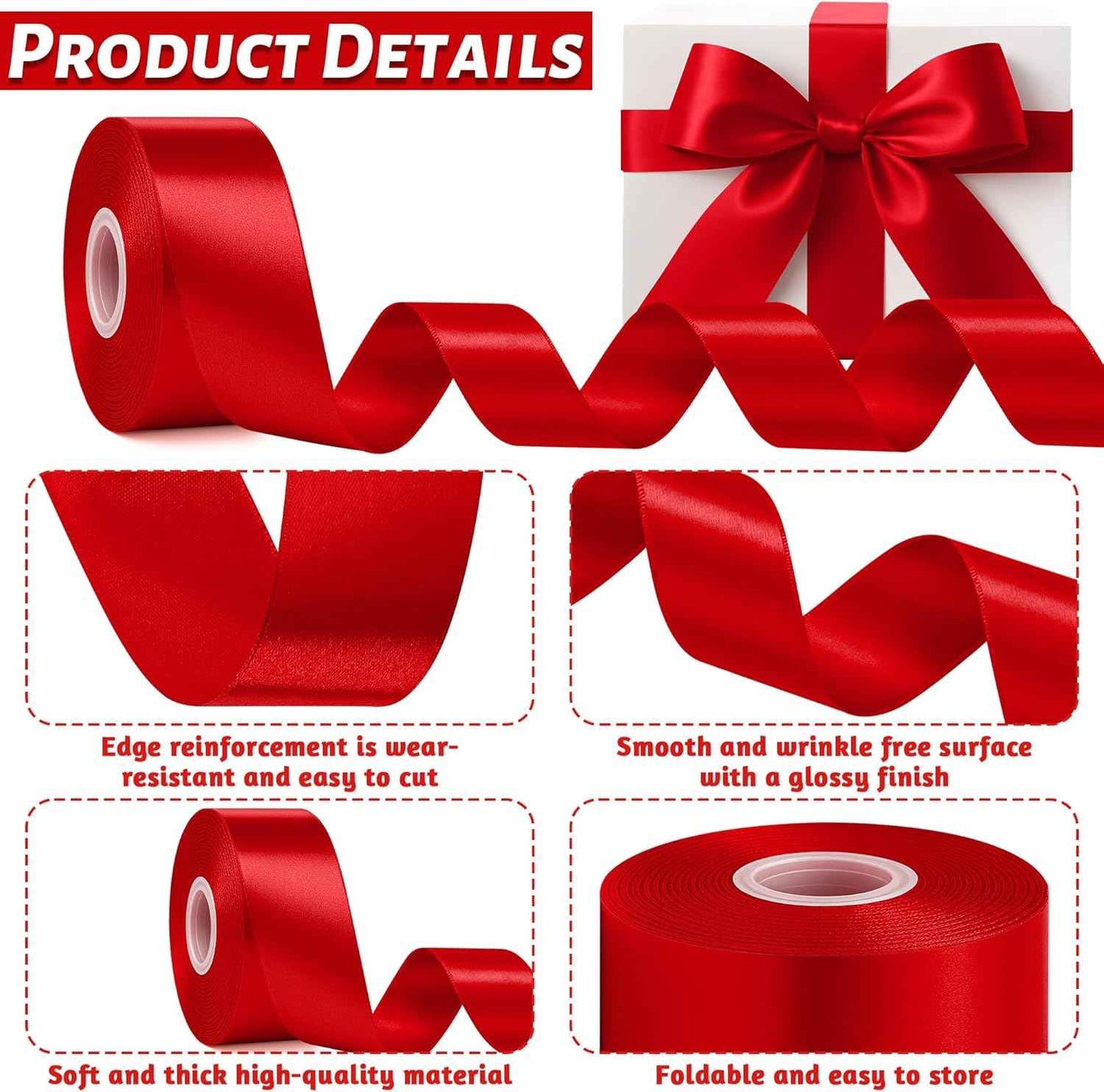 Fullive Red Ribbon 1 1/2 Inch, 30 Yards Red Ribbon for Gift Wrapping, Polyester Satin Christmas Ribbon for Wedding Xmas Tree Valentines Day Decorations DIY Bows Wrapping Bouquet Floral Arrangements