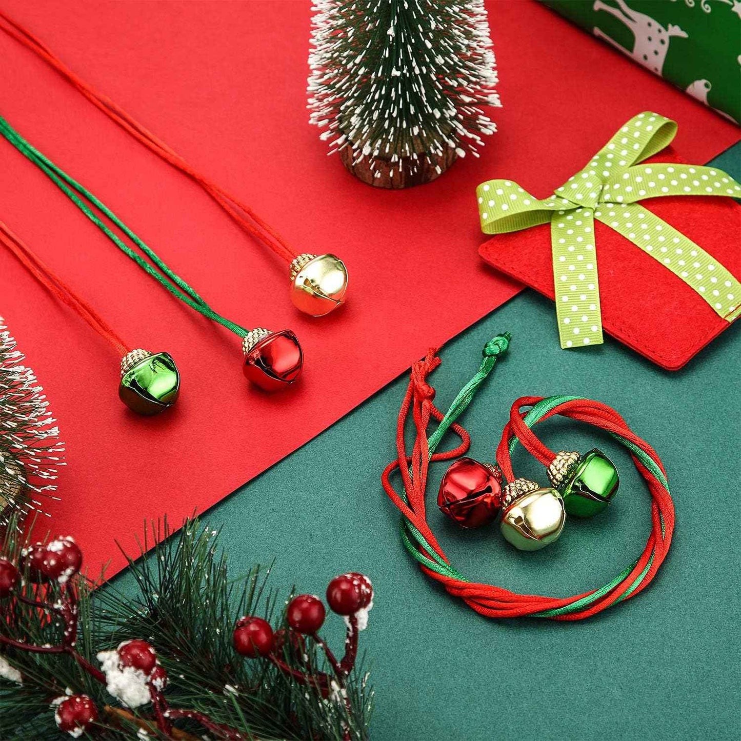 Sumind Christmas Bell Necklaces Christmas Holiday Gold Green Red Xmas Jingle Necklaces Bell with Ribbons for Craft Gift Supplies Stocking Stuffers Accessories (72 Pieces)
