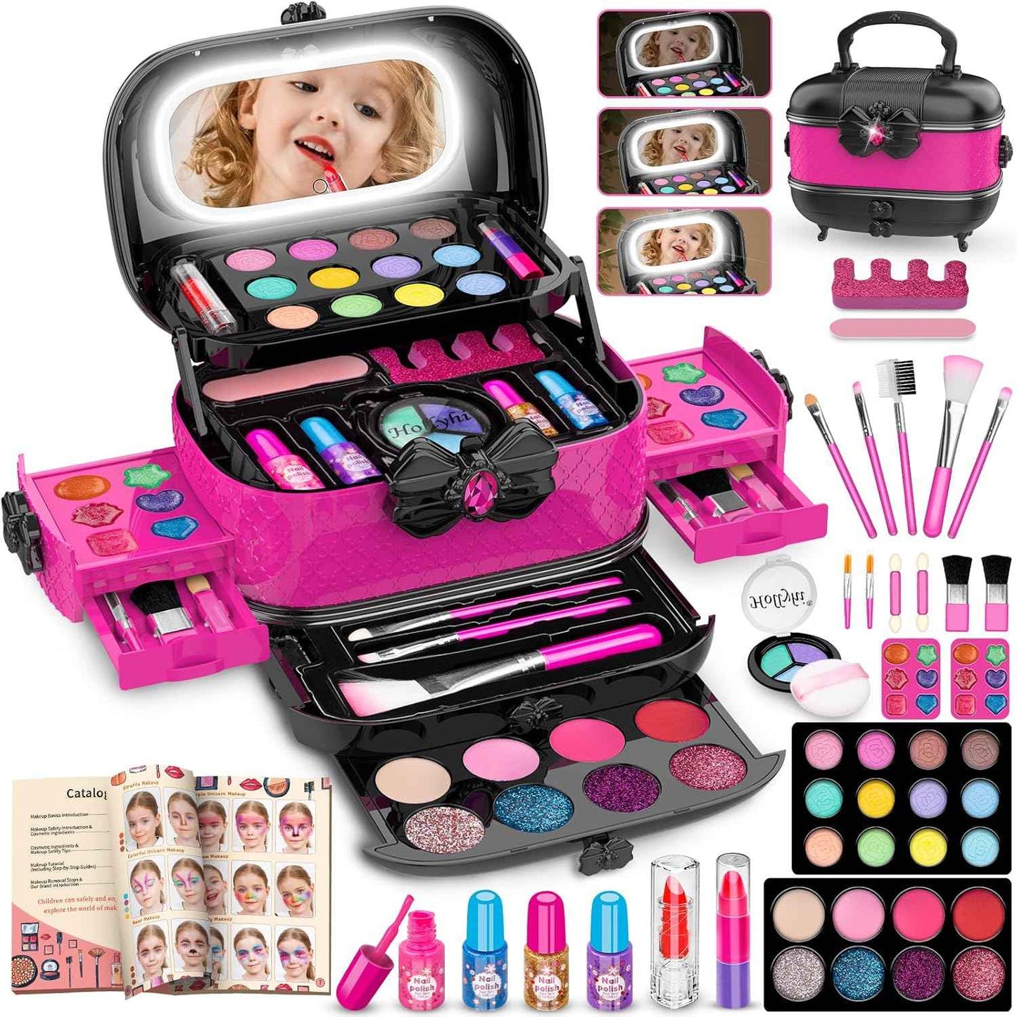 Hollyhi 58 Pcs Kids Makeup Kit for Girl, Princess Toys Real Washable Cosmetic Set with Mirror, Kids Makeup Sets for Girls, Play Make Up Birthday Gifts for 3 4 5 6 7 8 9 10 11 12 Years Old Kid (Rose)