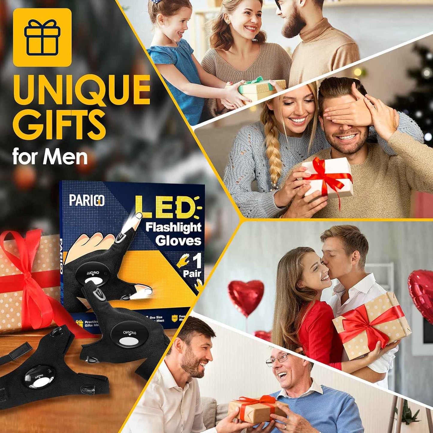 PARIGO LED Flashlight Gloves, Novelty Stocking Stuffers for Men, Christmas Gifts for Teens Boys Dad Husband Grandpa Him Men Who Have Everything, Cool Gadgets Tools for Car Repairing, Fishing, Camping