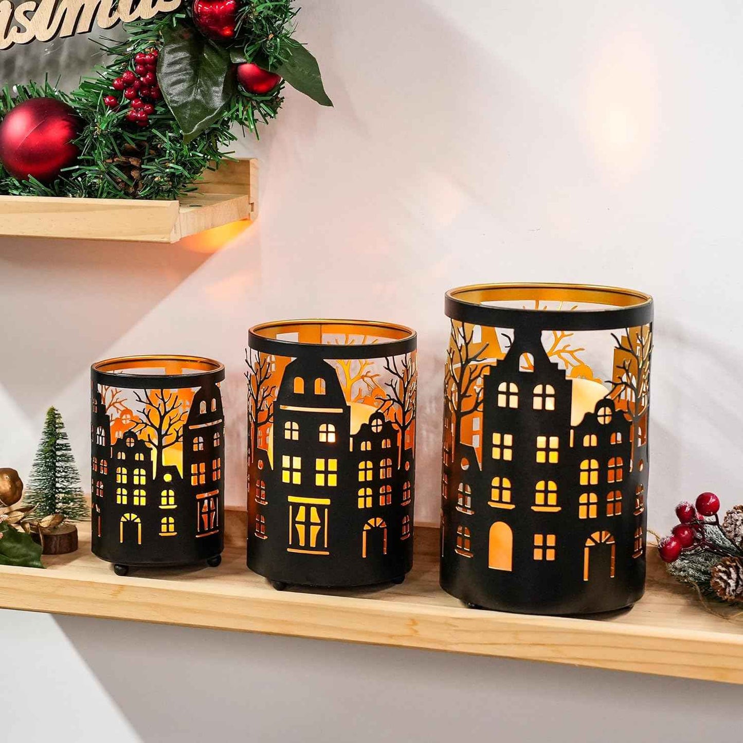 TRIROCKS Christmas Candle Lantern 7" H Etched Metal Candle Holder Christmas Decorations for Living Room Kitchen Tabletop Parties Patio Outdoors Indoors(3PCS;Bronze House)