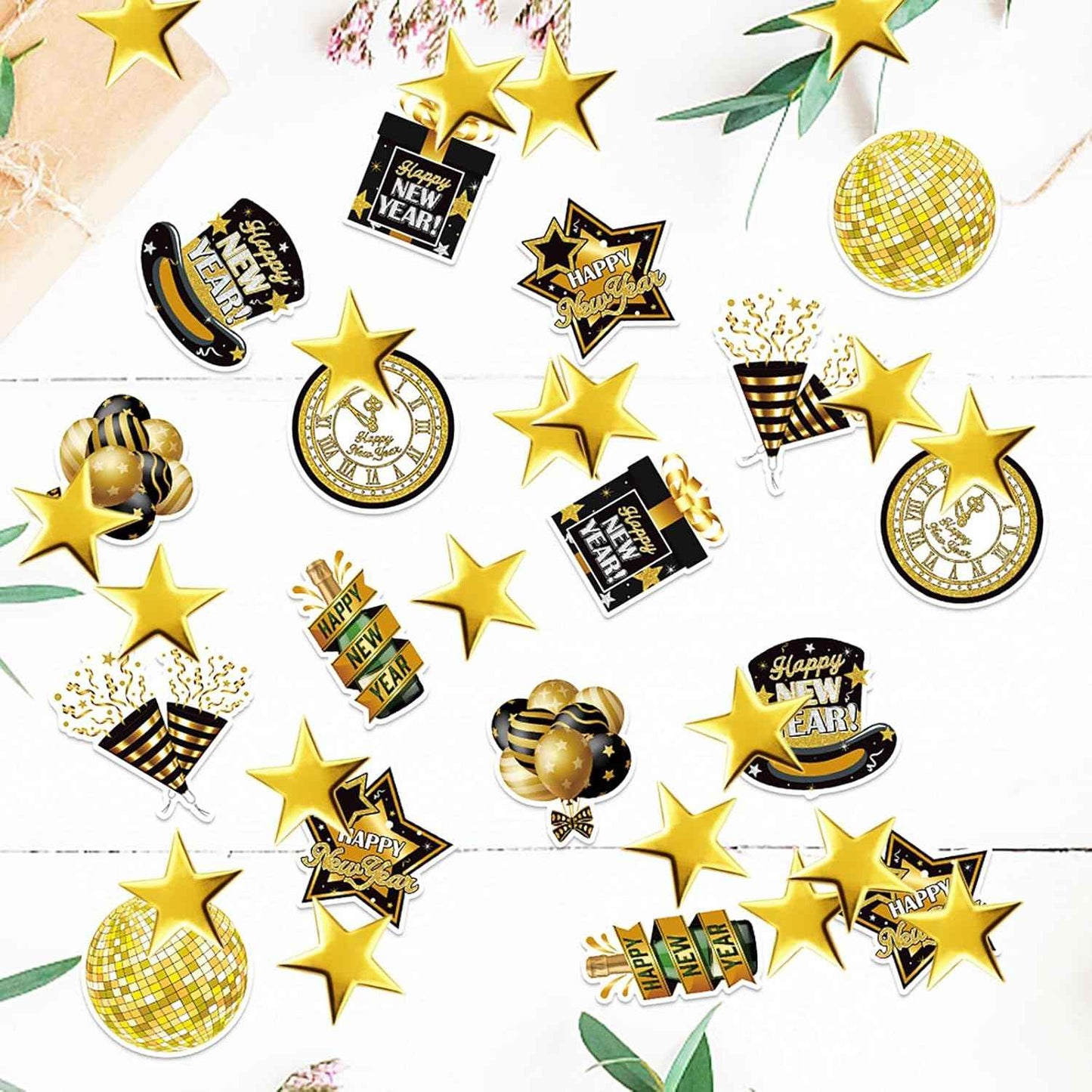 New Years Eve Party Decorations 2026,Happy New Years Decorations Black and Gold Confetti,200pcs Black Gold New Year's Eve Glitter Table Confetti Centerpiece Gold Stars for Clock Disco Ball Design