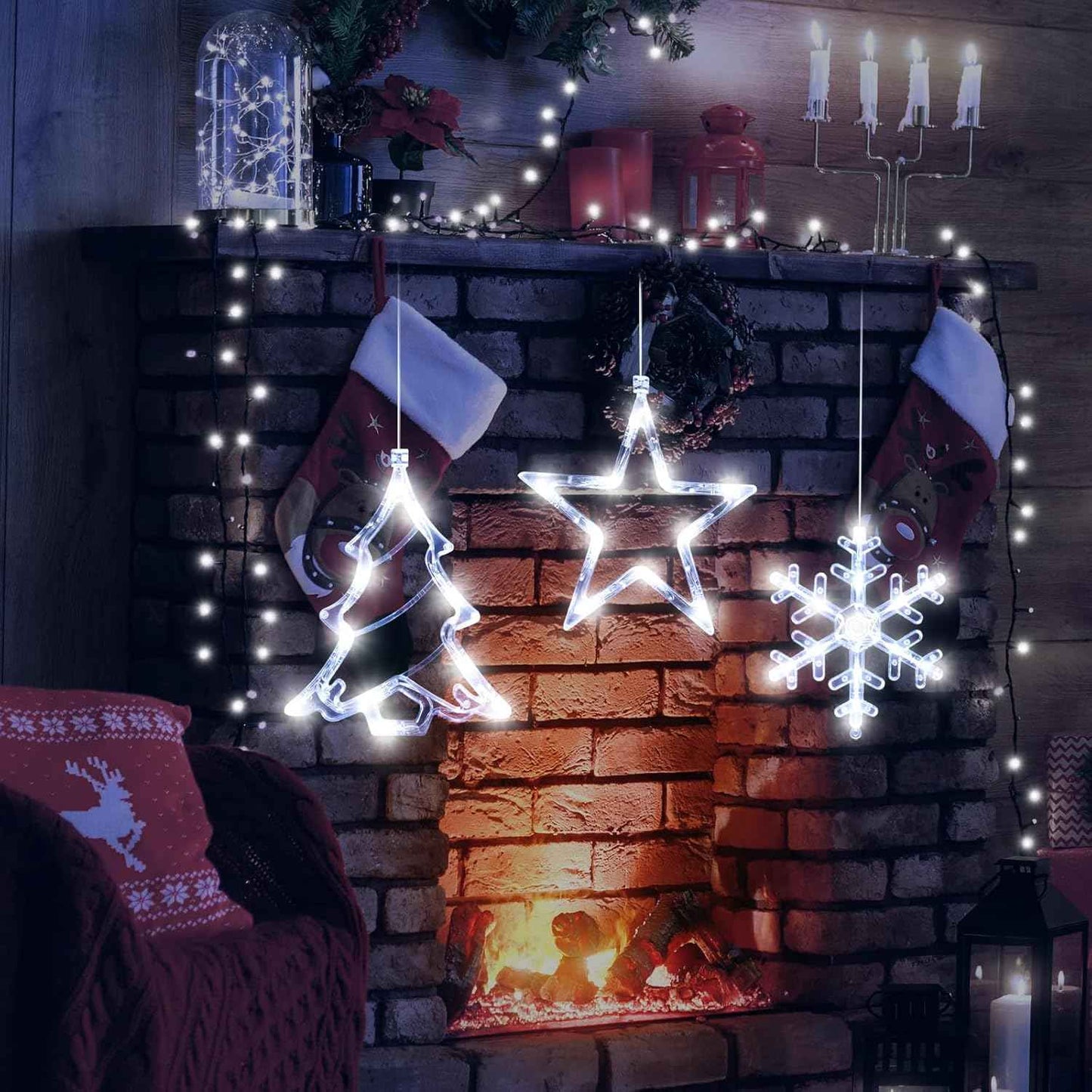 3Pack Christmas Window Lights Decorations with Timer, Battery Powered Hanging White Lighted Snowflake Tree Star Shaped LED Sucker for Xmas Tree Fireplace Indoor Decor