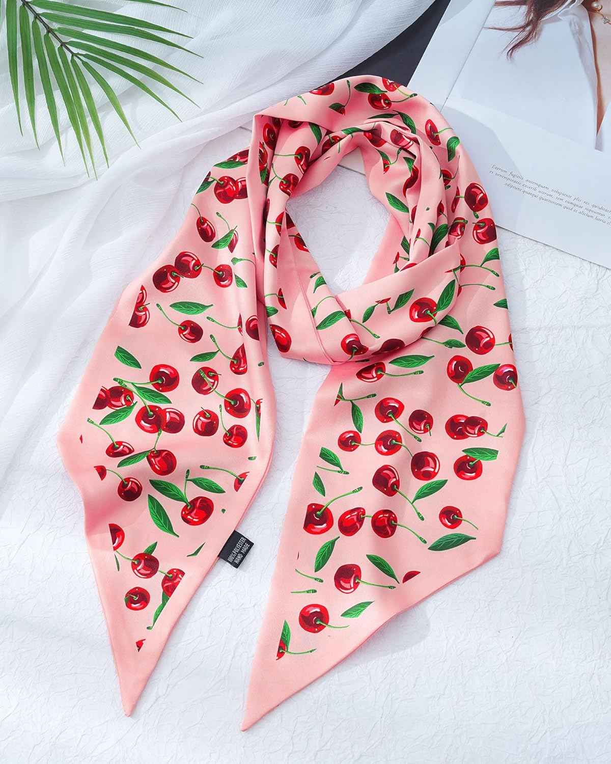 Mesovor Cherry Head Scarf Hair Neck Scarves for Women, Fashion Purse Bag Scarfs | Long Thin Satin Headscarf Headbands
