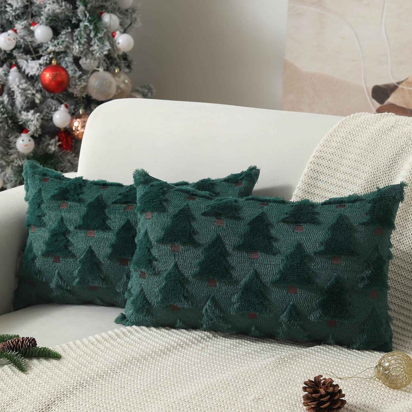 Christmas Pillow Covers 18x18 inch, Set of 2 Soft Plush Faux Fur Wool Throw Pillow Cases with Beige Christmas Tree Design