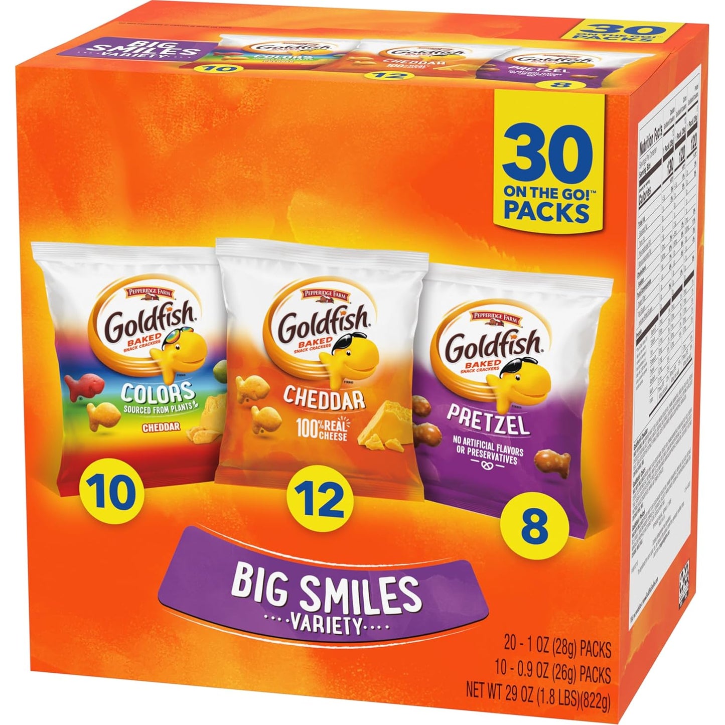 Goldfish Crackers Big Smiles Variety Pack: Cheddar, Colors, and Pretzels, Snack Packs, 30 Count