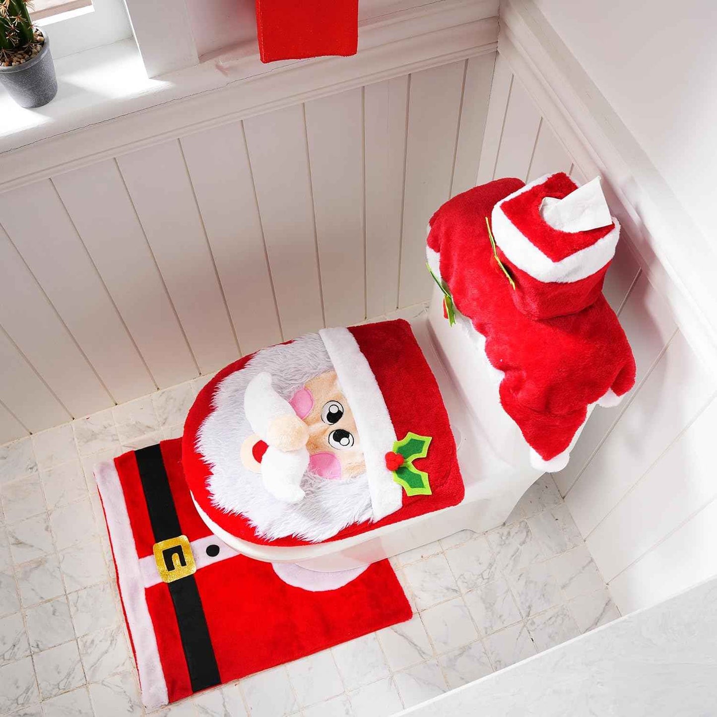 JOYIN 5 Pieces Christmas Theme Bathroom Decoration Set w/Toilet Seat Cover, Rugs, Tank Cover, Toilet Paper Box Cover and Santa Towel for Xmas Indoor DΓ©cor, Party Favors (Santa)
