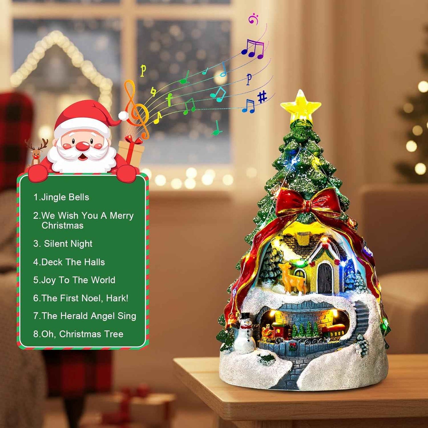 Animated Collection Figurines Musical Christmas Tree Spinning Train Deer Snowman with Rotating Train, Lighted Christmas Collection Figurines for Home Tabletop Decorations Ornaments Gifts