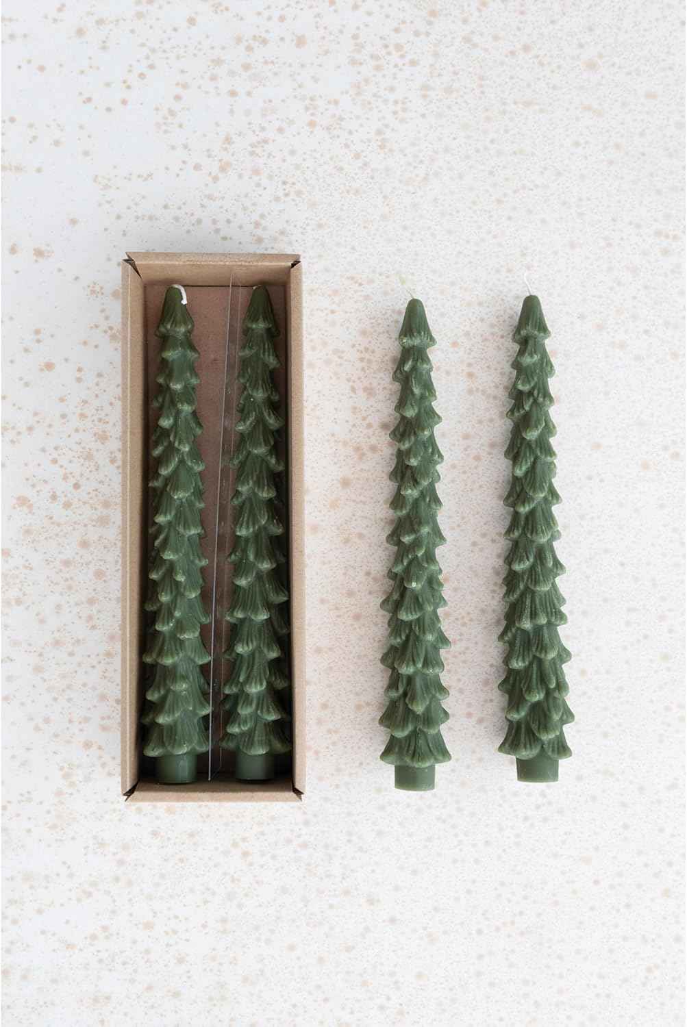 Creative Co-Op Unscented Tree Shaped Taper Candles, Evergreen, Boxed Set Of 2