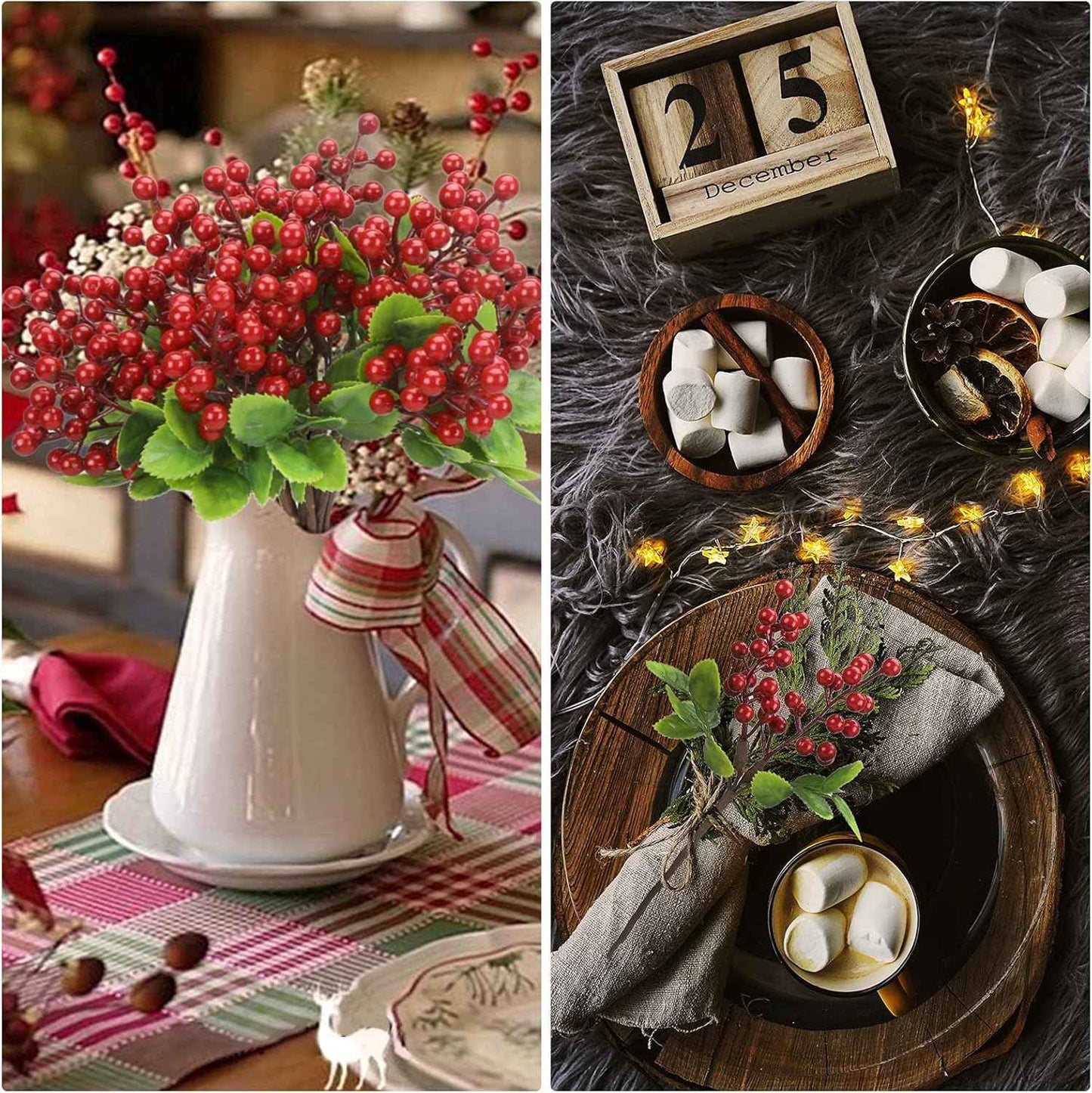 Felice Arts 6 Pack Christmas Picks Artificial Red Berry Stems Fake Holly Berries for Xmas Tree Ornaments DIY Wreath Vase Fireplace Decor