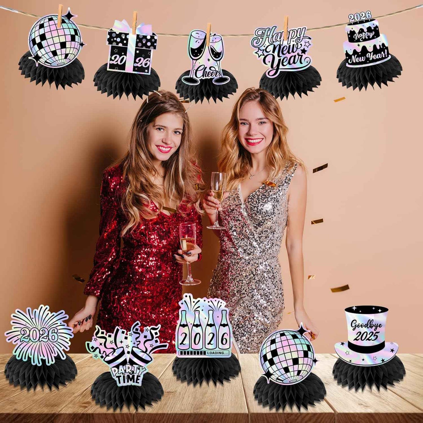 Happy New Year 2026 Honeycomb Centerpieces,Iridescent New Years Eve Decorations 12pcs New Years Table Decorations Centerpiece for 2026 New Year's Eve Supplies