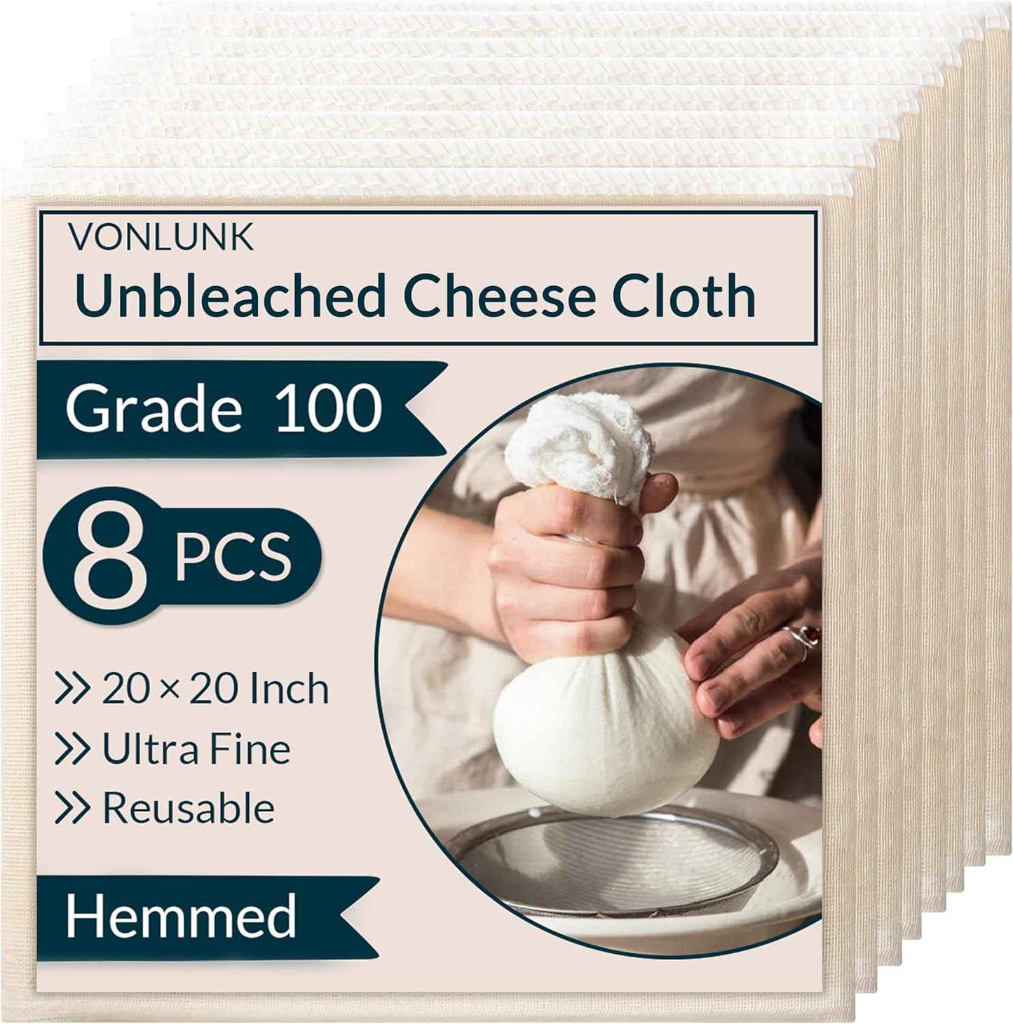 6-Pack Cheesecloth, 20x20 Inch Hemmed Cheese Cloth for Straining, Reusable Unbleached Cotton Strainer for Cooking, Baking, Juicing, and Cheese Making (Grade 100)