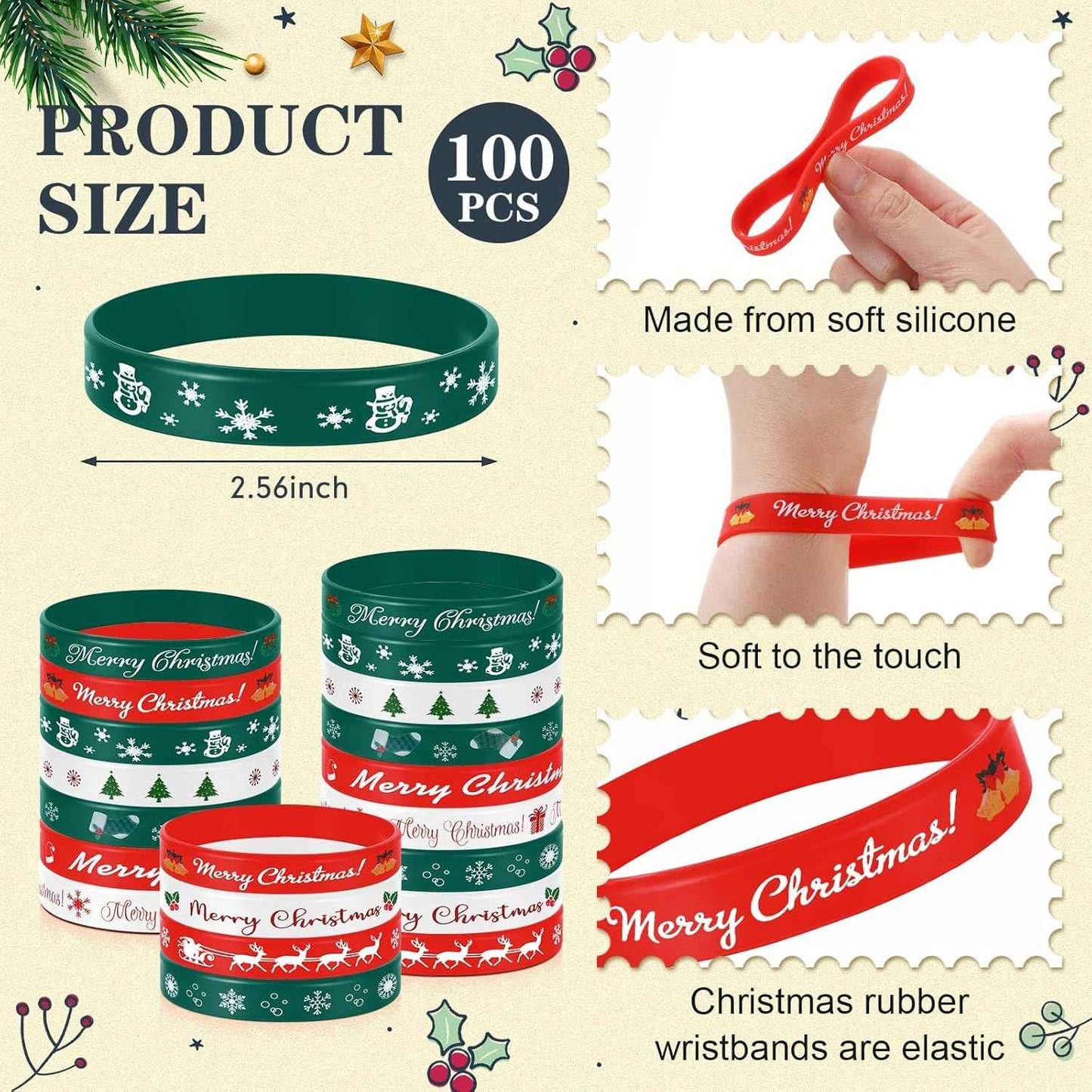 Syhood 200 Pieces Christmas Silicone Bracelets Rubber Wristbands Bulk Merry Christmas Bracelets Gifts for Kids Adult Xmas Party Favors Stocking Stuffers, 10 Style (Red, Dark Green, White)