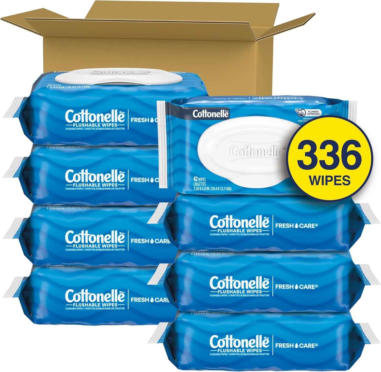 Cottonelle Fresh Feel Flushable Wet Wipes, Adult Wet Wipes, 8 Flip-Top Packs, 42 Wipes Per Pack (336 Total Wipes), Packaging May Vary