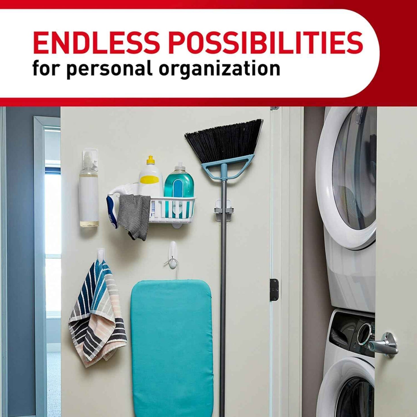 Command Broom and Mop Grippers, 2 Hangers and 4 Strips, Damage-Free Hanging Wall Mount Broom and Mop Holder, Household Cleaning Organizer for Christmas Decorations, Holds up to 4 lb