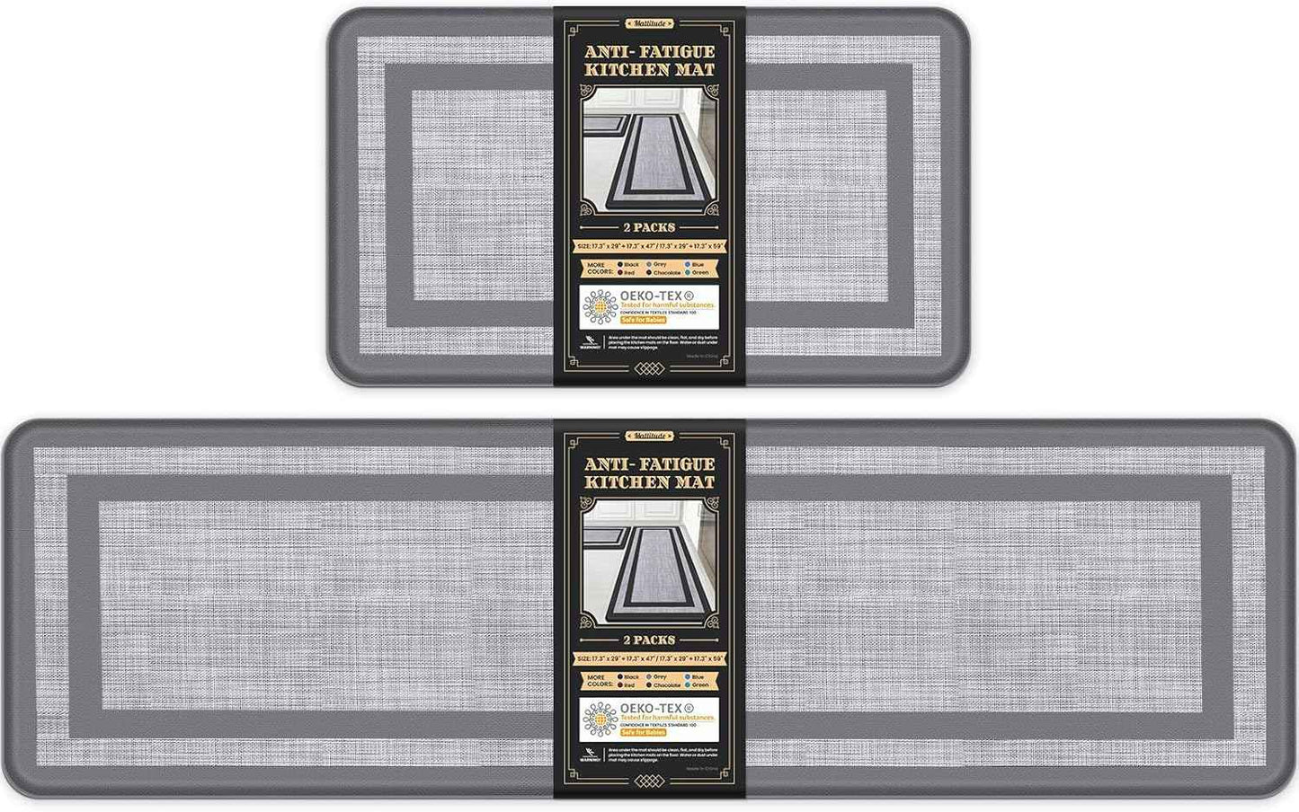 Mattitude Kitchen Mats Set of 2,Cushioned Anti-Fatigue Non-Skid Rug Sets Ergonomic Comfort Standing Mat for Kitchen, Floor, Office, Sink, Laundry, Black and Gray