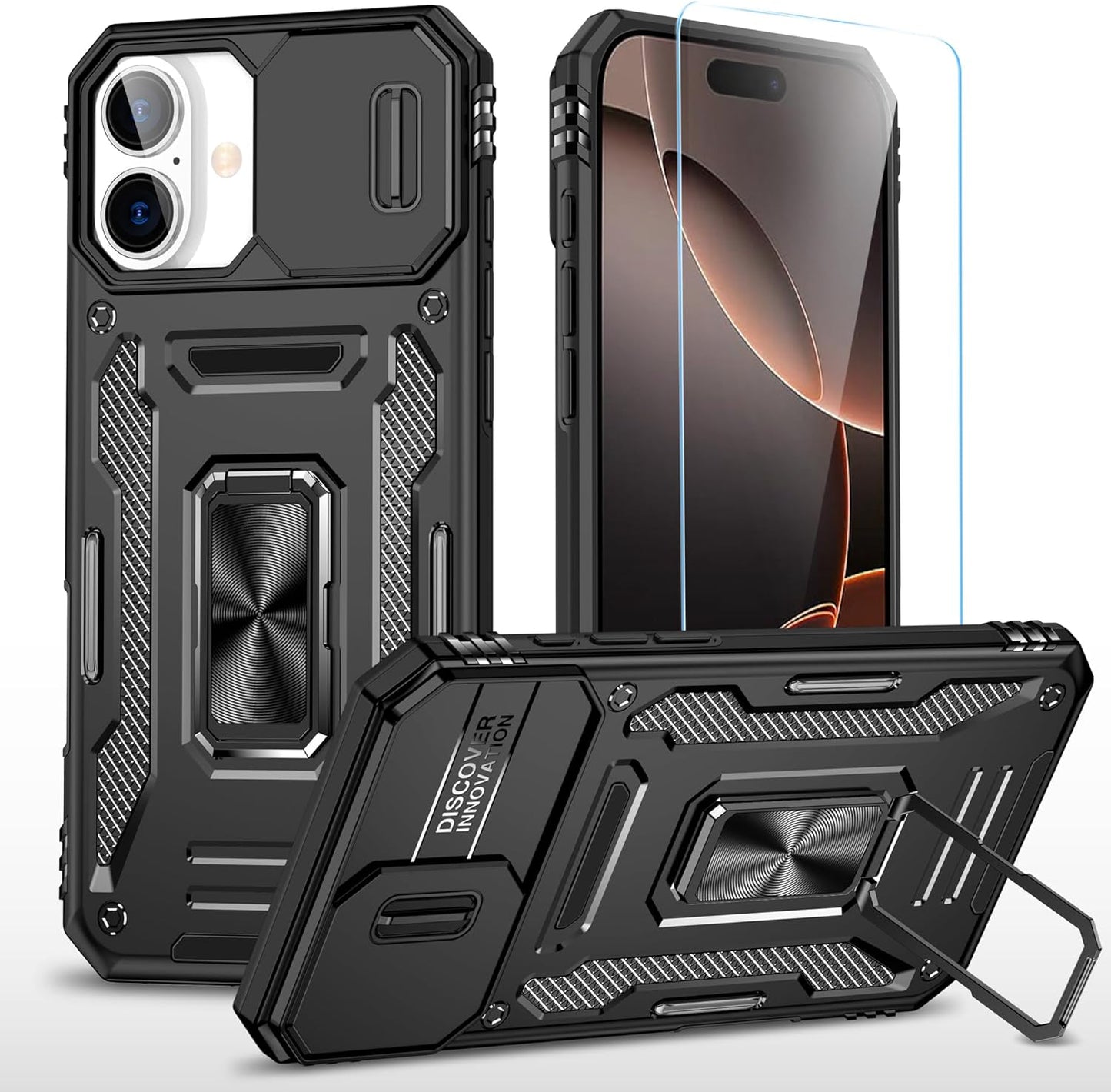 SunStory Phone Case for iPhone 16 6.1" with HD Screen Protector | Slide Camera Cover | Rotated Ring Kickstand | Military-Grade Protection | Red