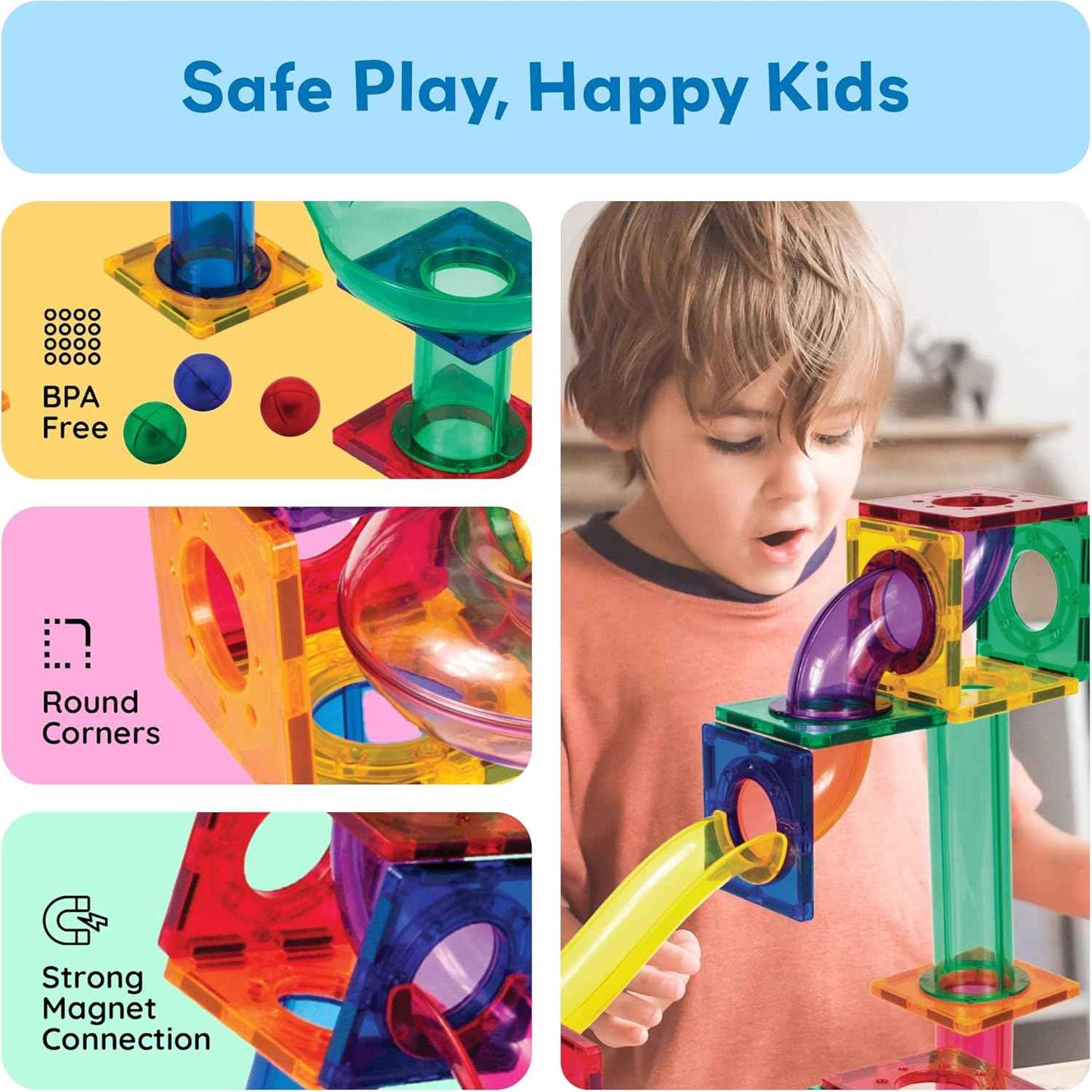 PicassoTiles 50pcs Magnetic Tiles Marble Run for Kids Race Track Toy Marble Maze Sensory Toys for Toddlers STEM Educational Set Magnet Building Blocks Construction Building Tiles Boys Girls 3+ PTG50